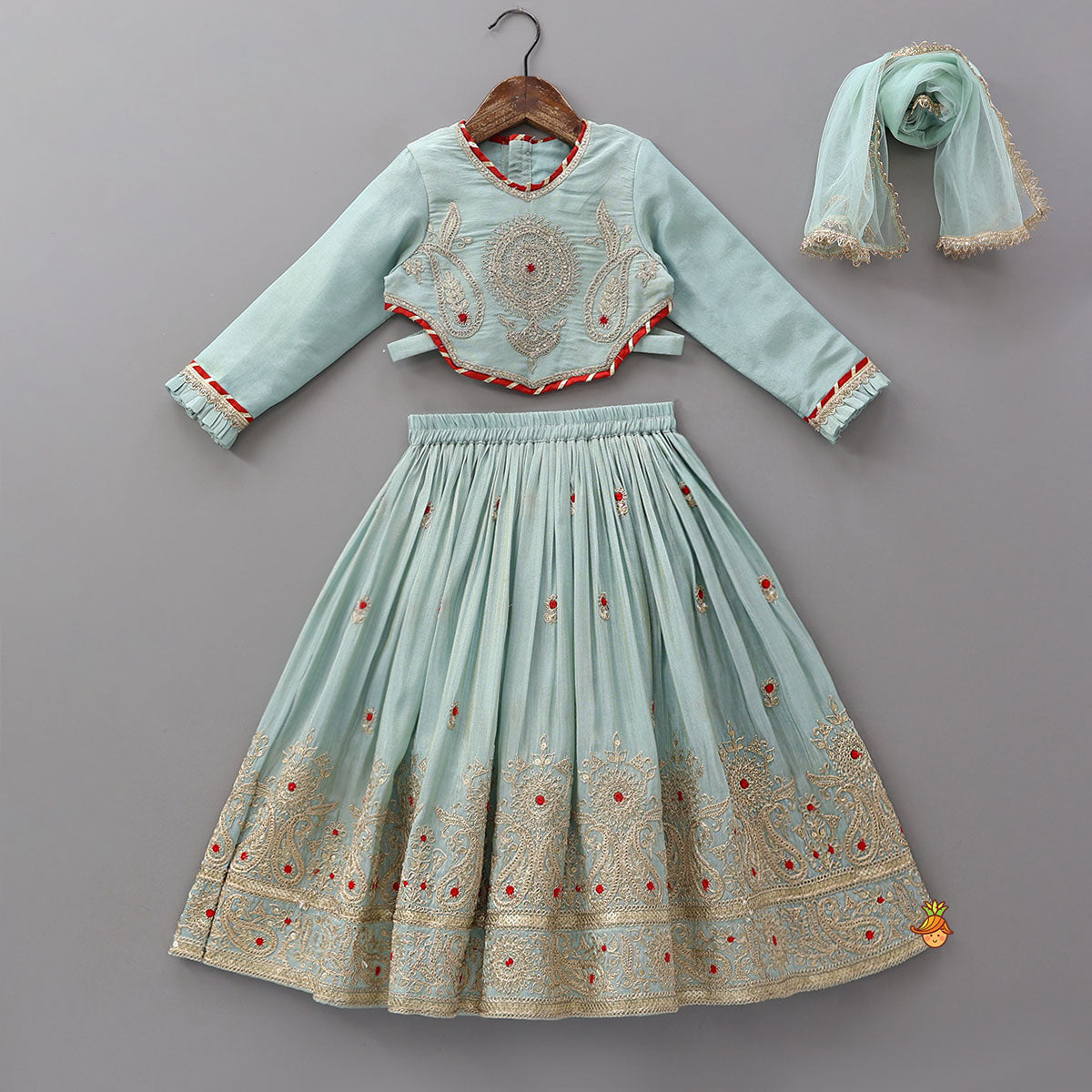 Embroidered Shimmer Crop Top And Lehenga With Net Dupatta