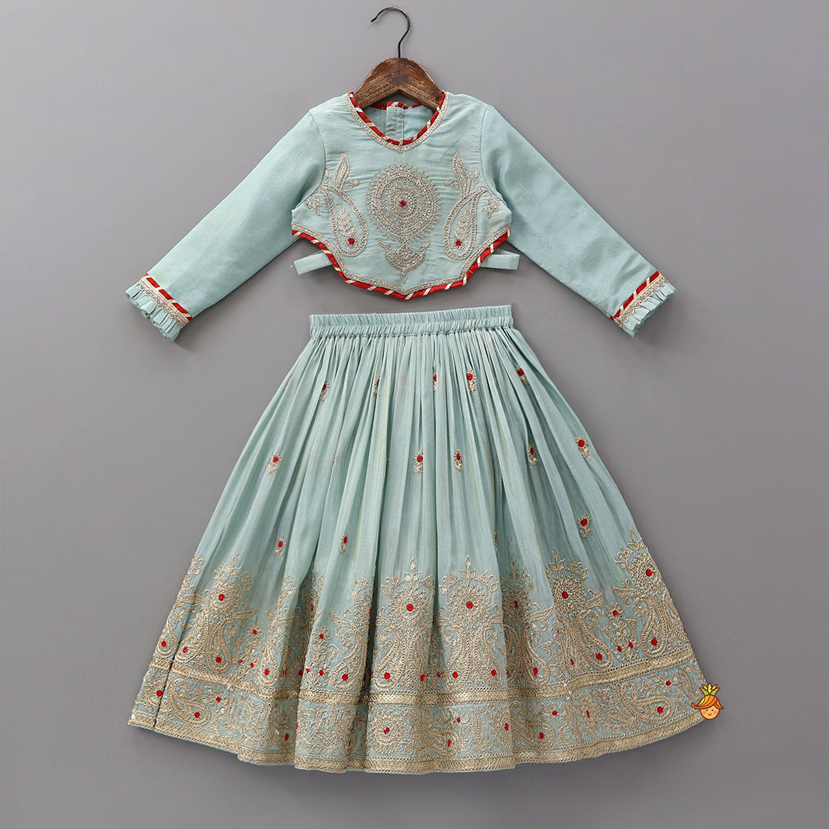 Embroidered Shimmer Crop Top And Lehenga With Net Dupatta