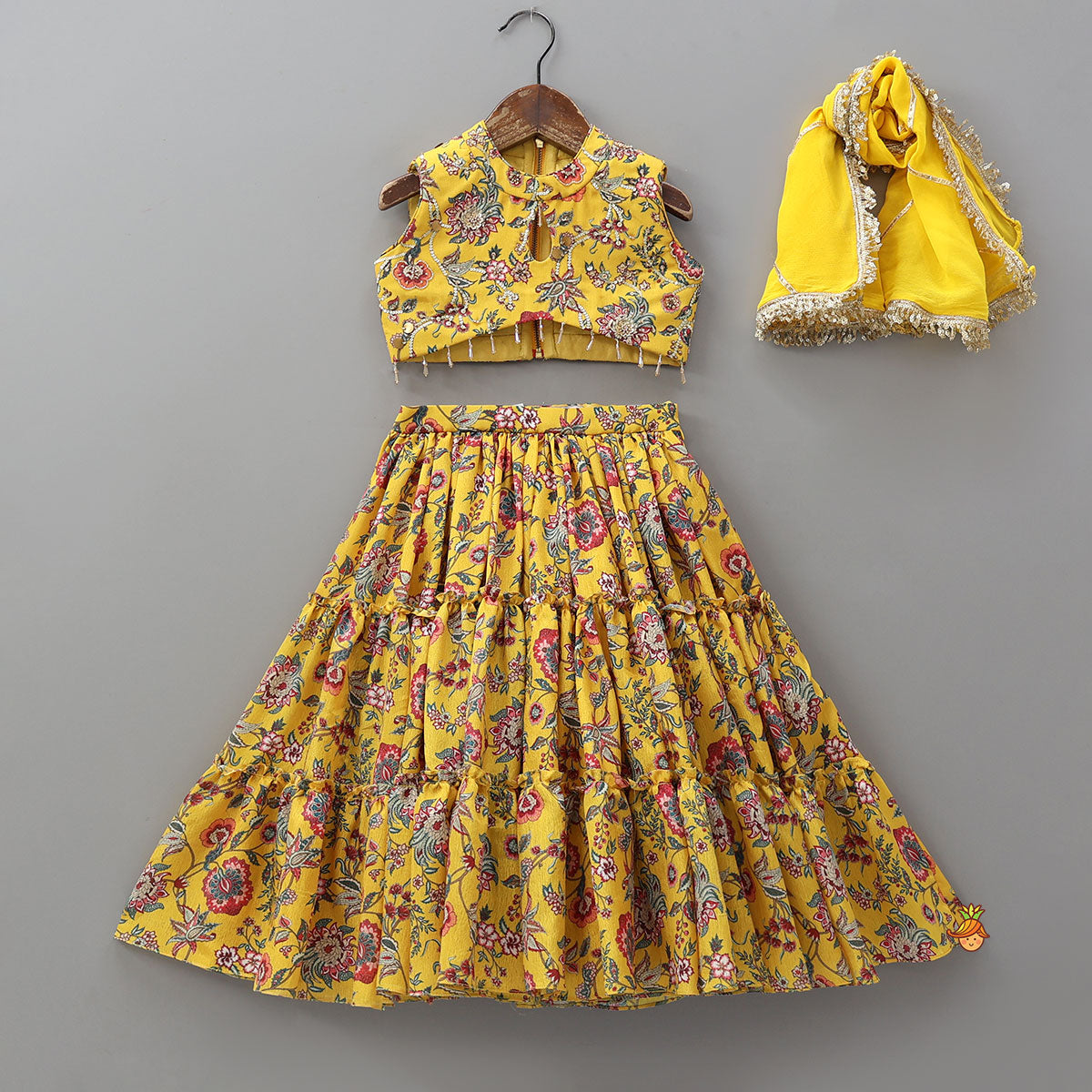 Beautiful Floral Printed Top With Tiered Lehenga And Dupatta