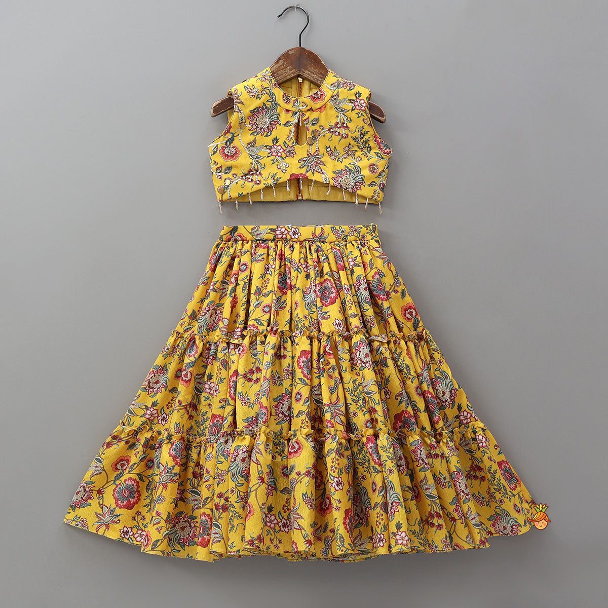 Beautiful Floral Printed Top With Tiered Lehenga And Dupatta