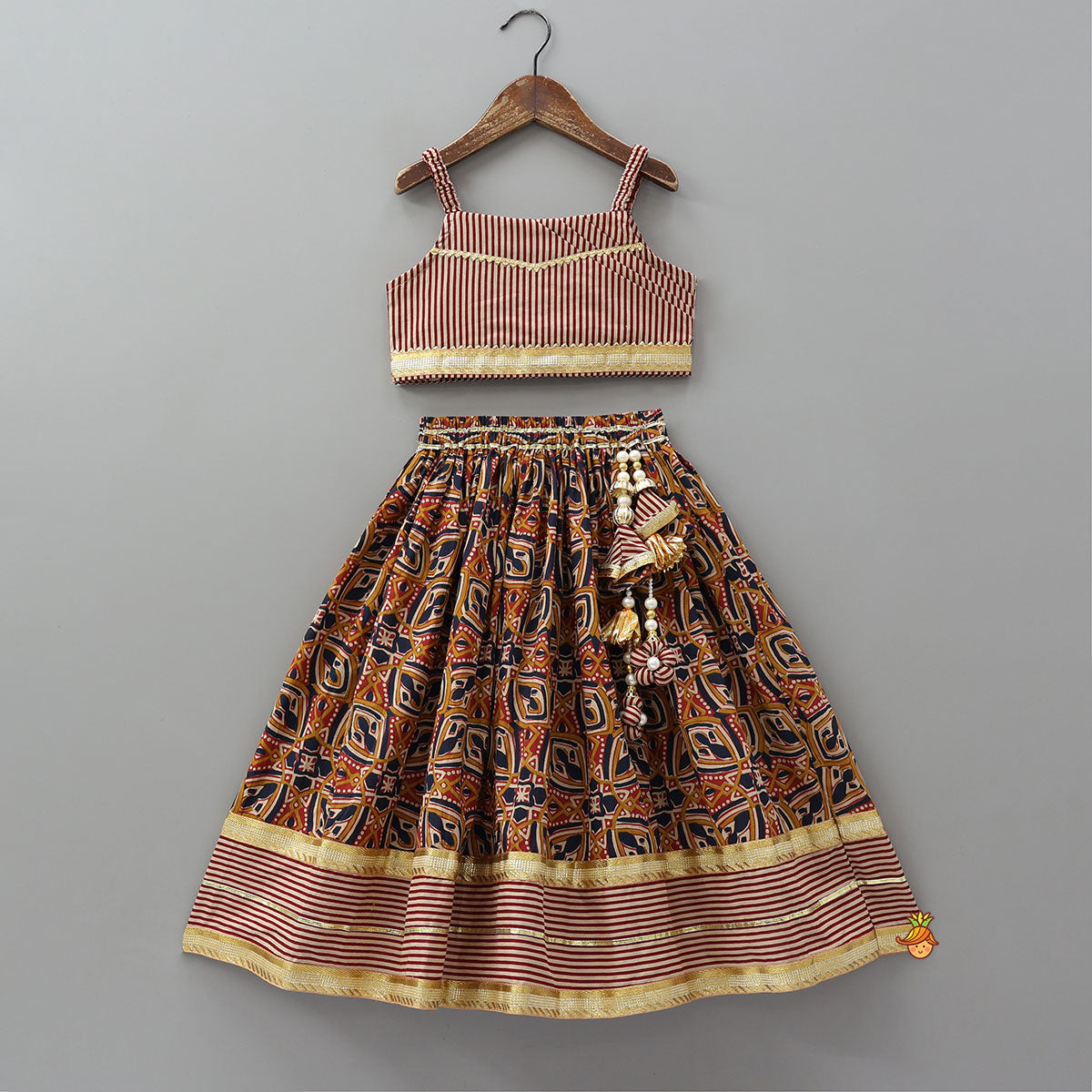 Elasticated Strappy Crop Top And Lehenga With Dupatta