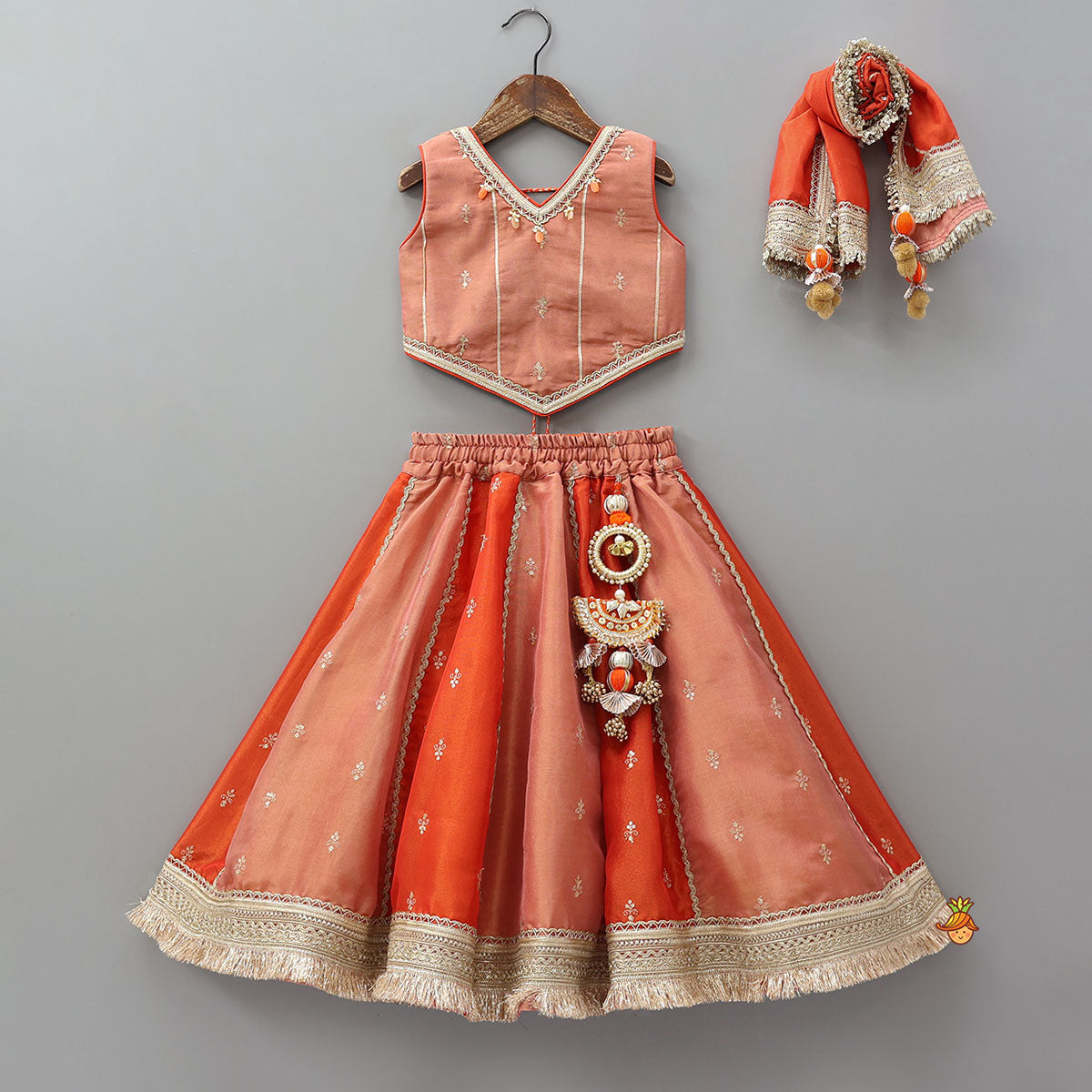 Elegant Embellished Top With Flared Lehenga And Dupatta
