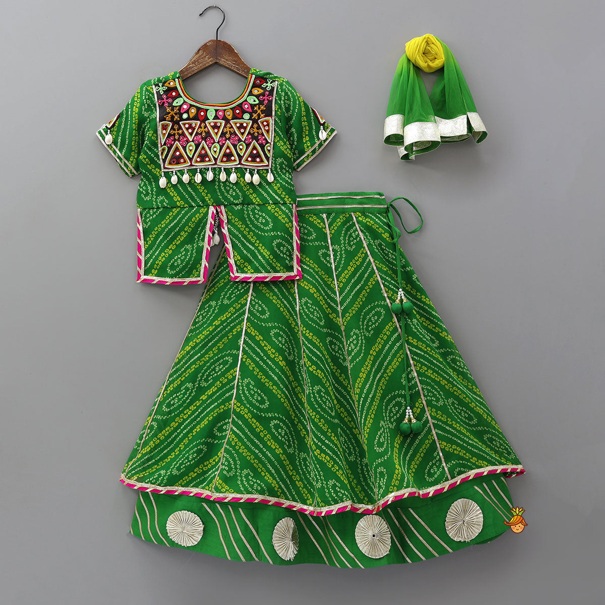 Bandhani Embroidered Kurti With Lehenga And Dupatta