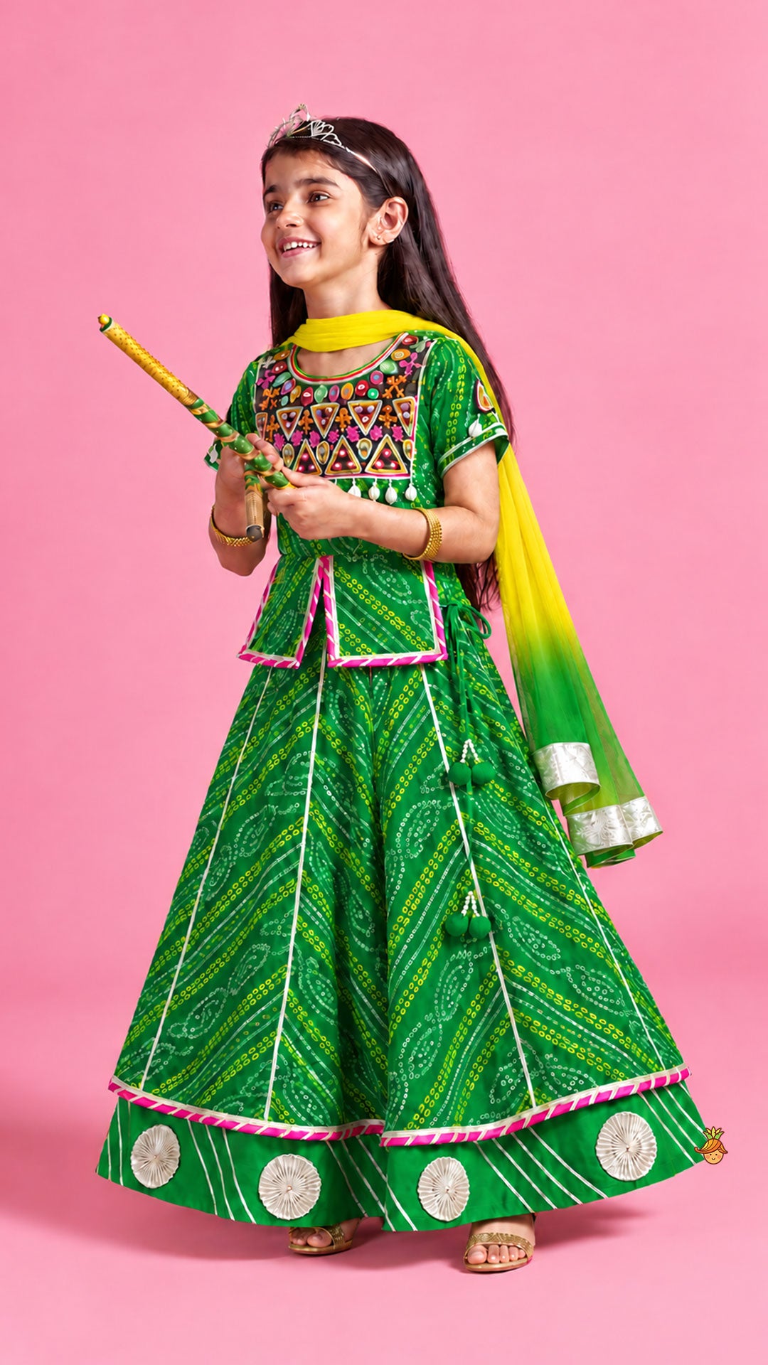 Bandhani Embroidered Kurti With Lehenga And Dupatta