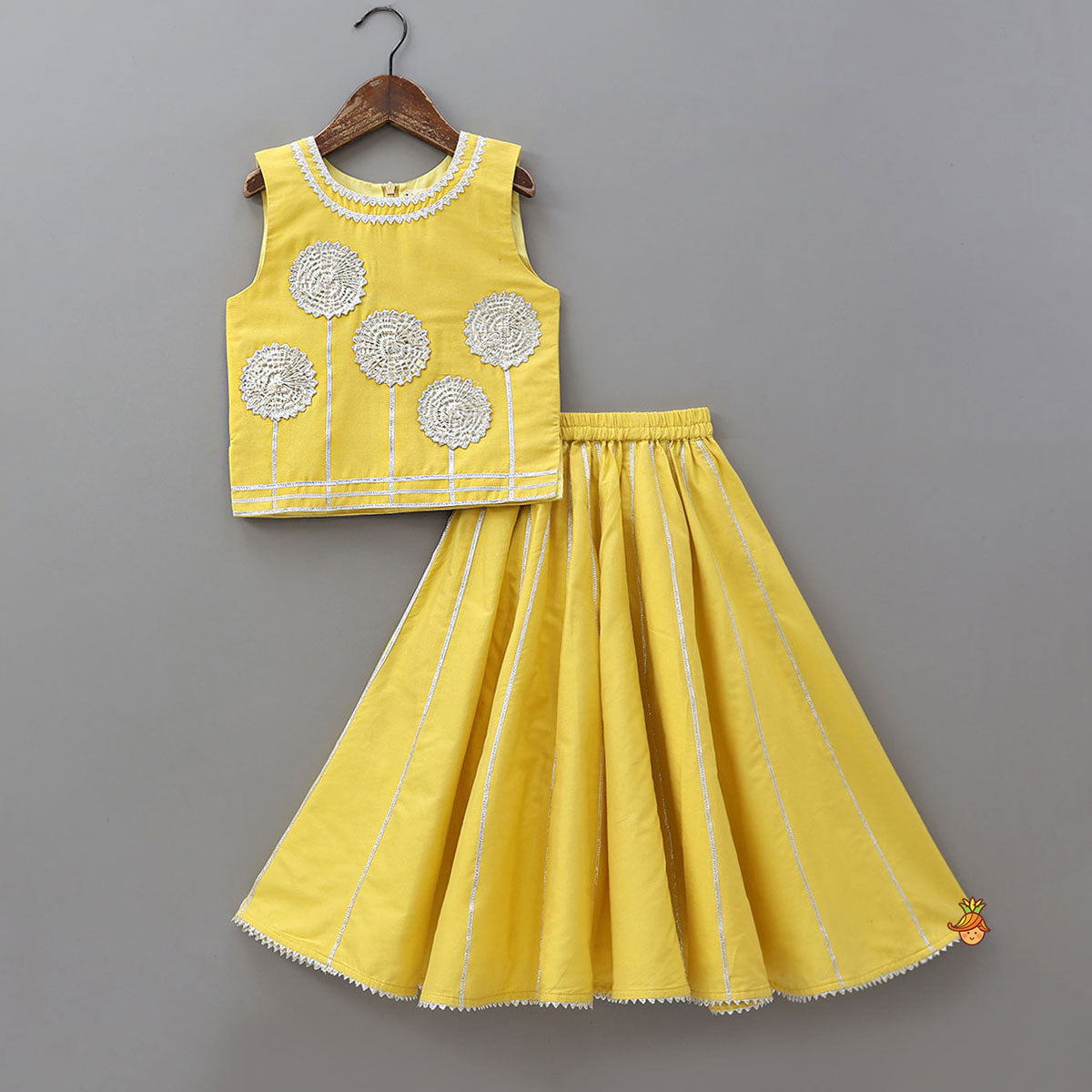 Gota Flower Embroidered Top And Lehenga With Matching Dupatta And Potli Bag
