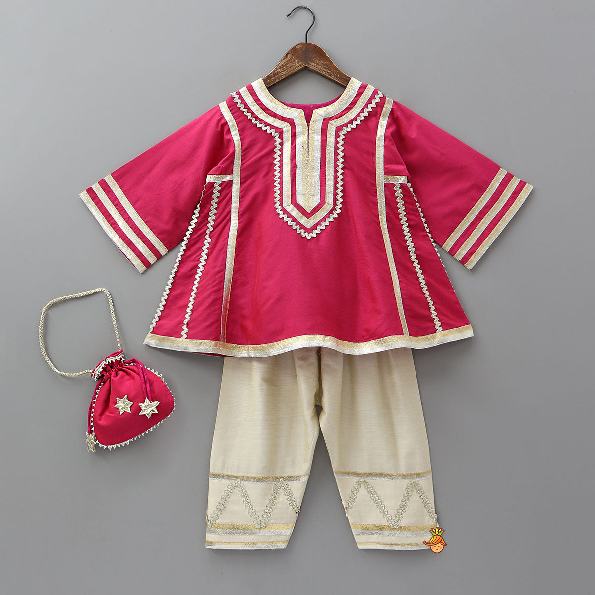 Lace Embellished Ethnic Kurti And Farshi Salwar With Potli Bag