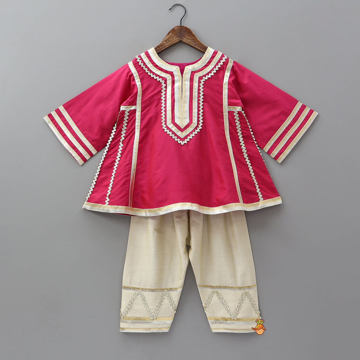 Lace Embellished Ethnic Kurti And Farshi Salwar With Potli Bag