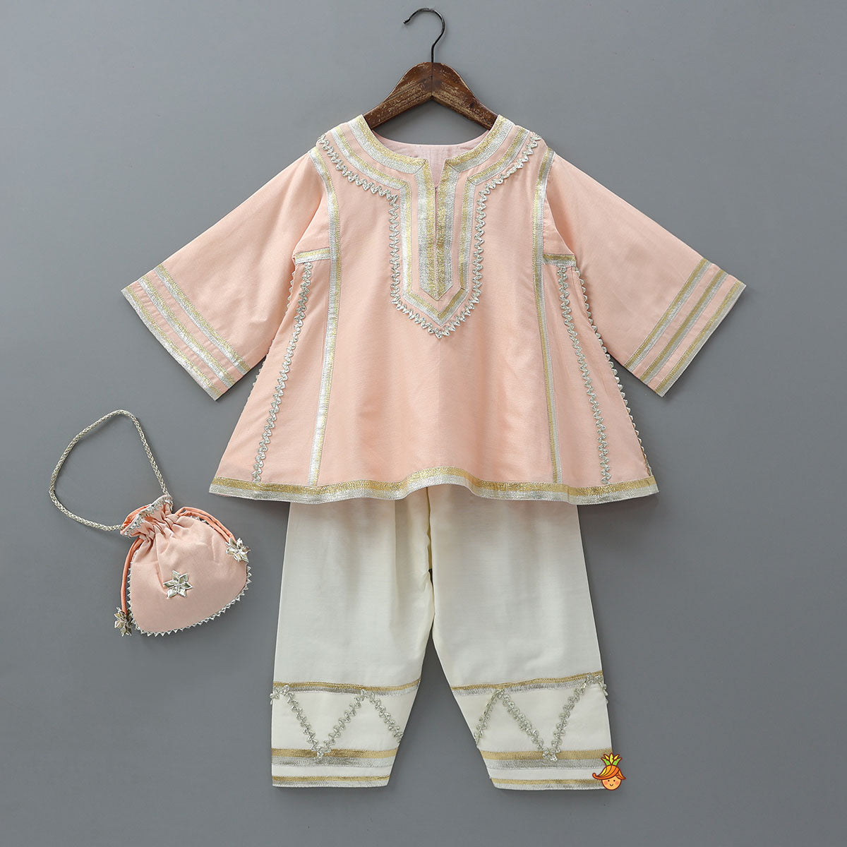 Lace Accented Kurti And Farshi Salwar With Potli Bag