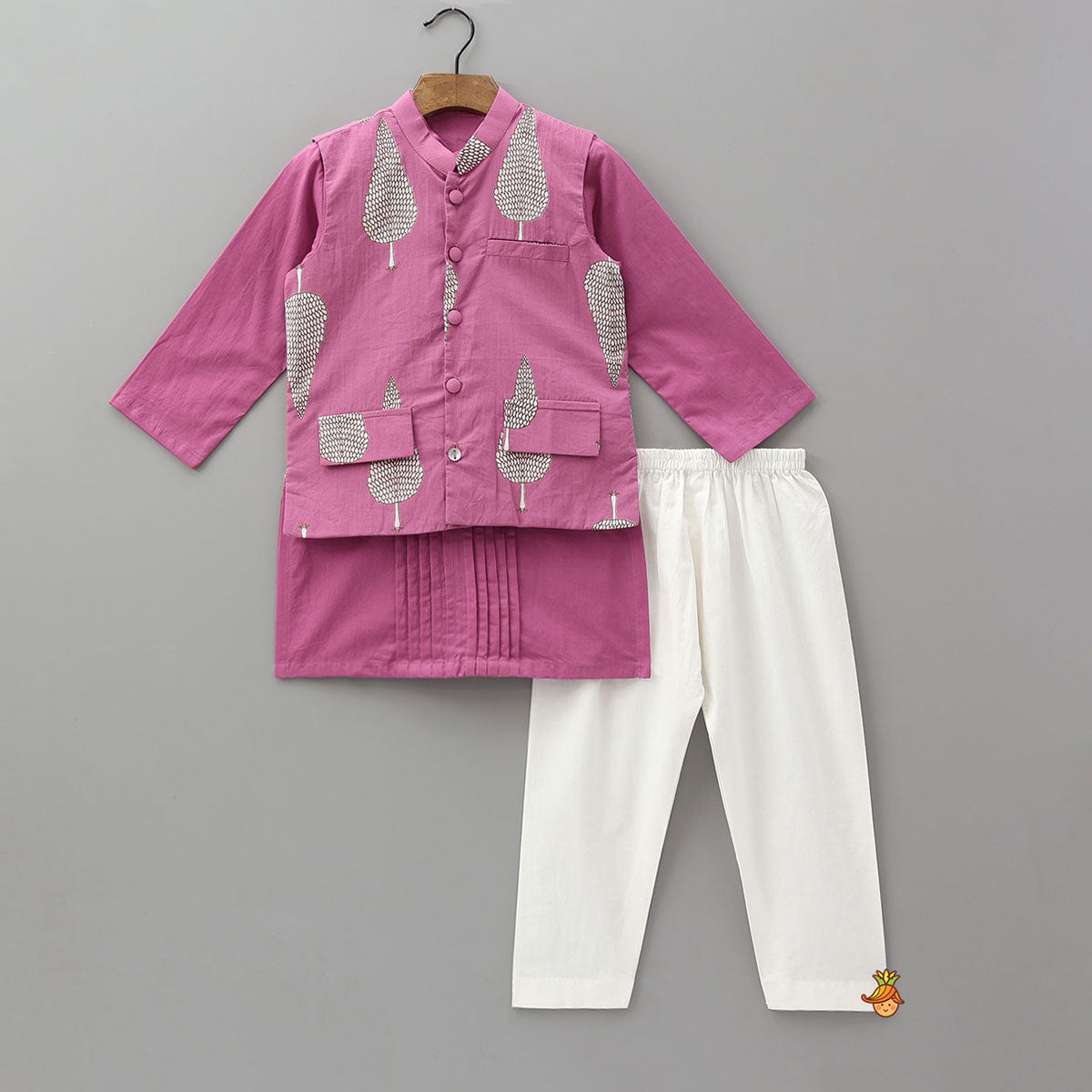 Pin Tuck Cotton Kurta With Pocket Detail Jacket And Pyjama
