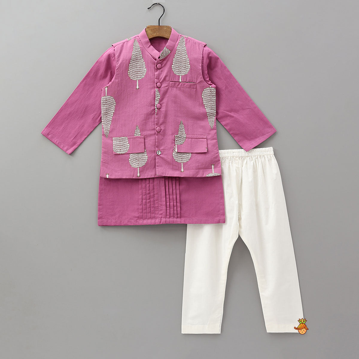 Pin Tuck Cotton Kurta With Pocket Detail Jacket And Pyjama