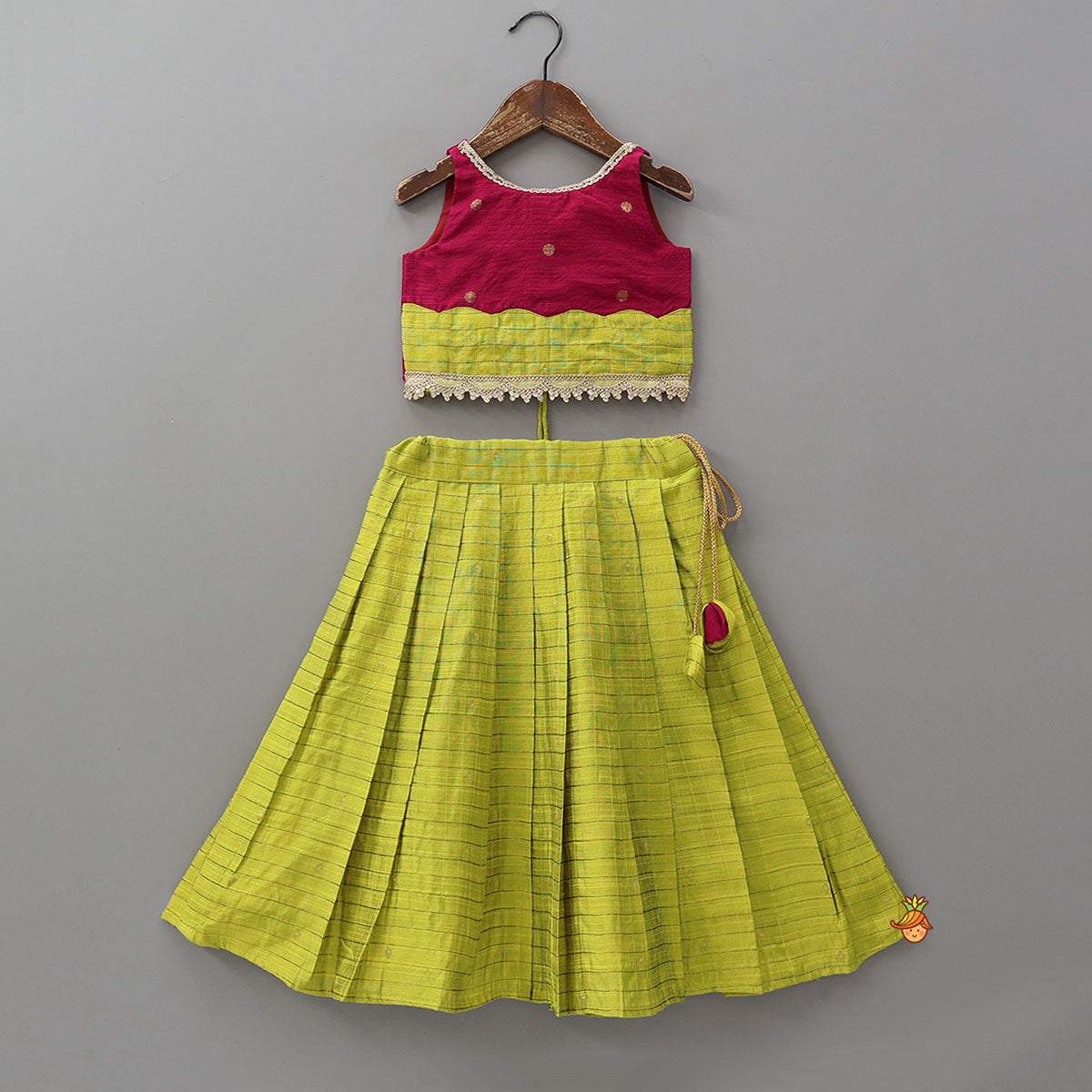 Booti Motif Crop Top And Pleated Checkered Lehenga