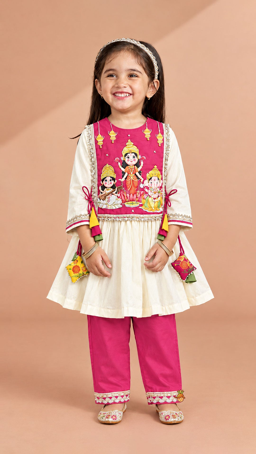 Laxmi, Saraswati, Ganesha Printed Side Knotted Kurti With Pants