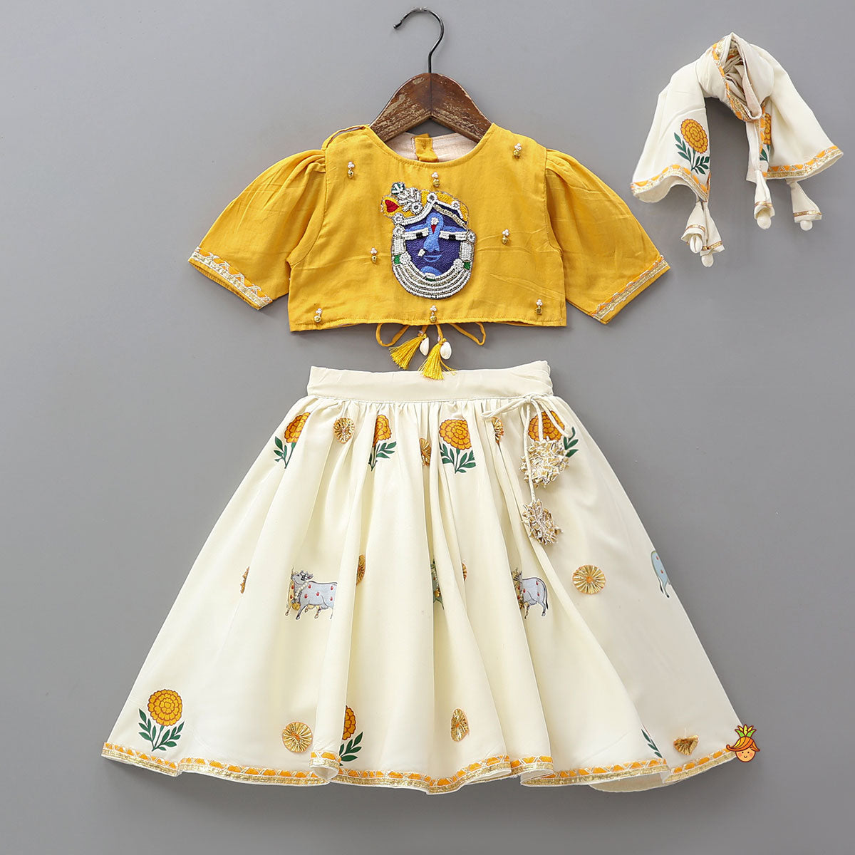 Shree Ji Embroidered Top And Cow Printed Lehenga With Dupatta