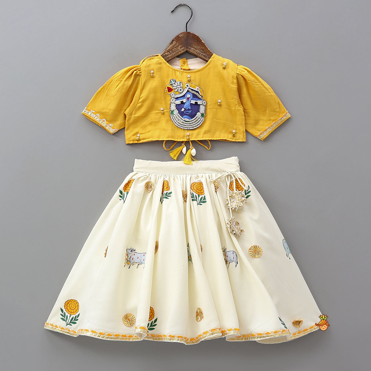 Shree Ji Embroidered Top And Cow Printed Lehenga With Dupatta