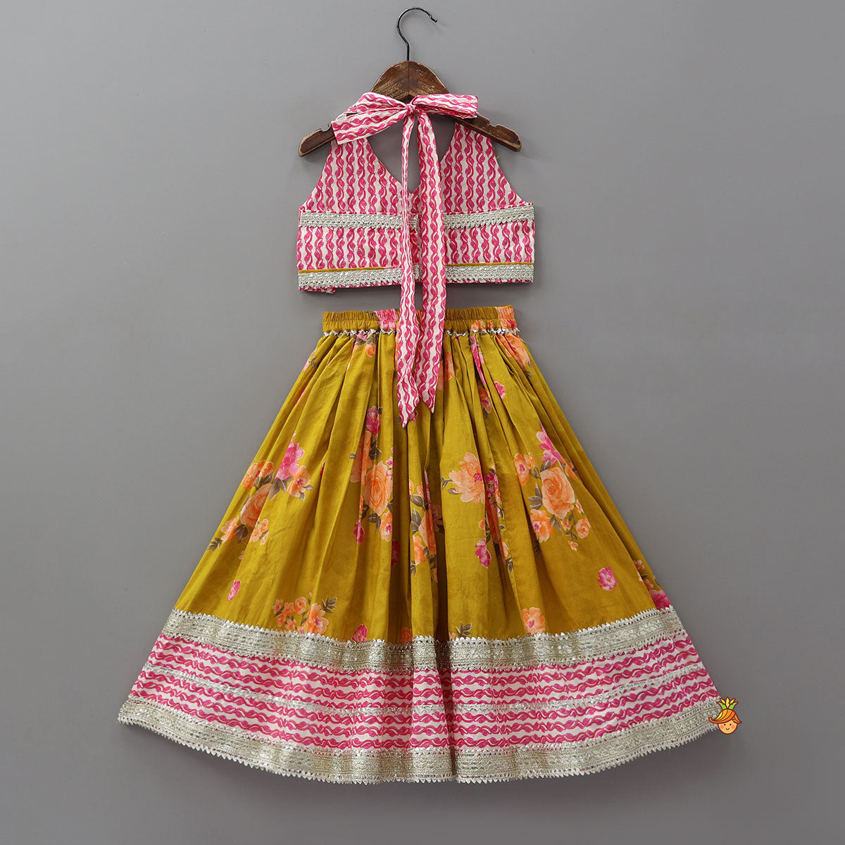 Elegant Printed Halter Neck Crop Top And Lehenga With Matching Dupatta