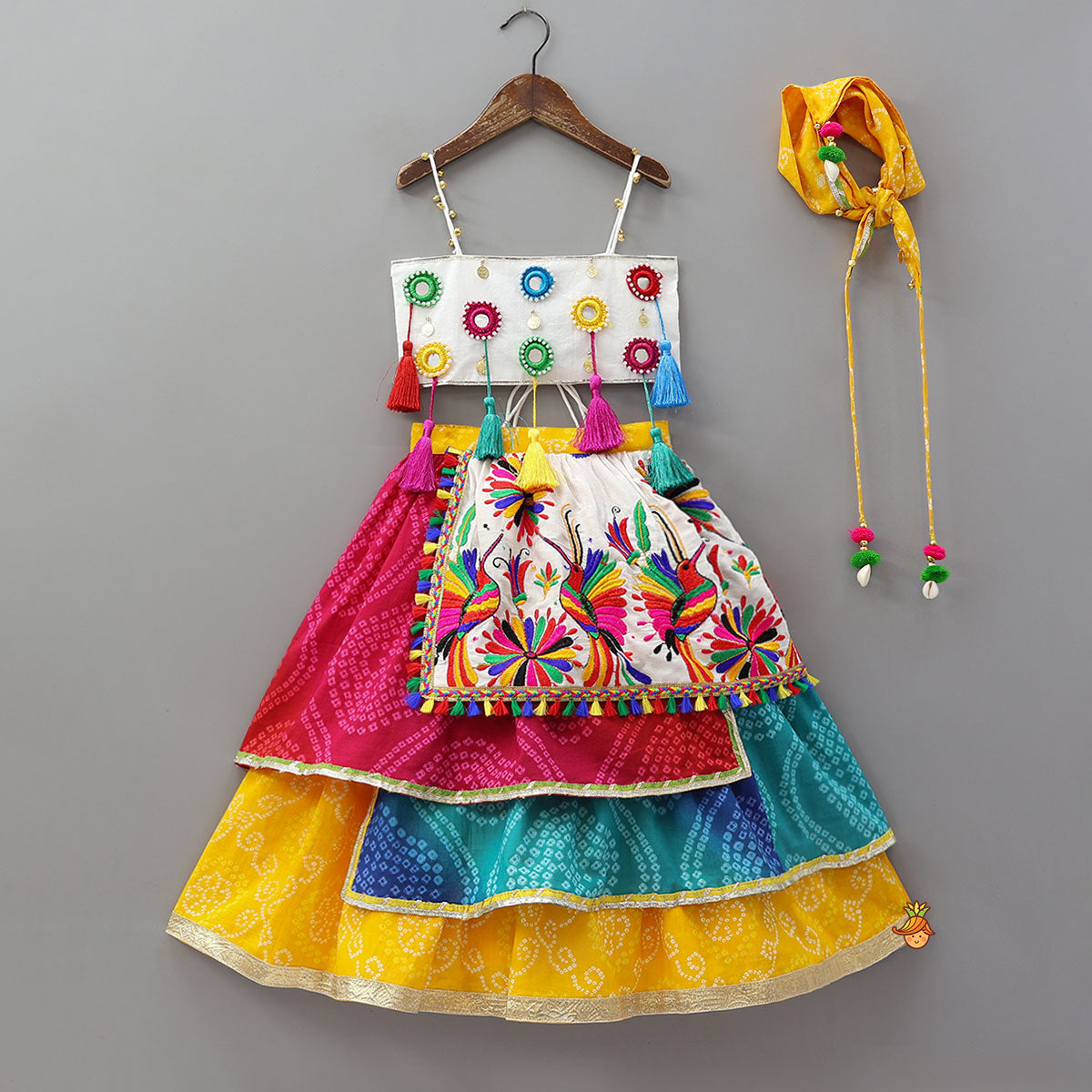 Faux Mirror Work Strappy Crop Top With Tiered Lehenga And Headscarf