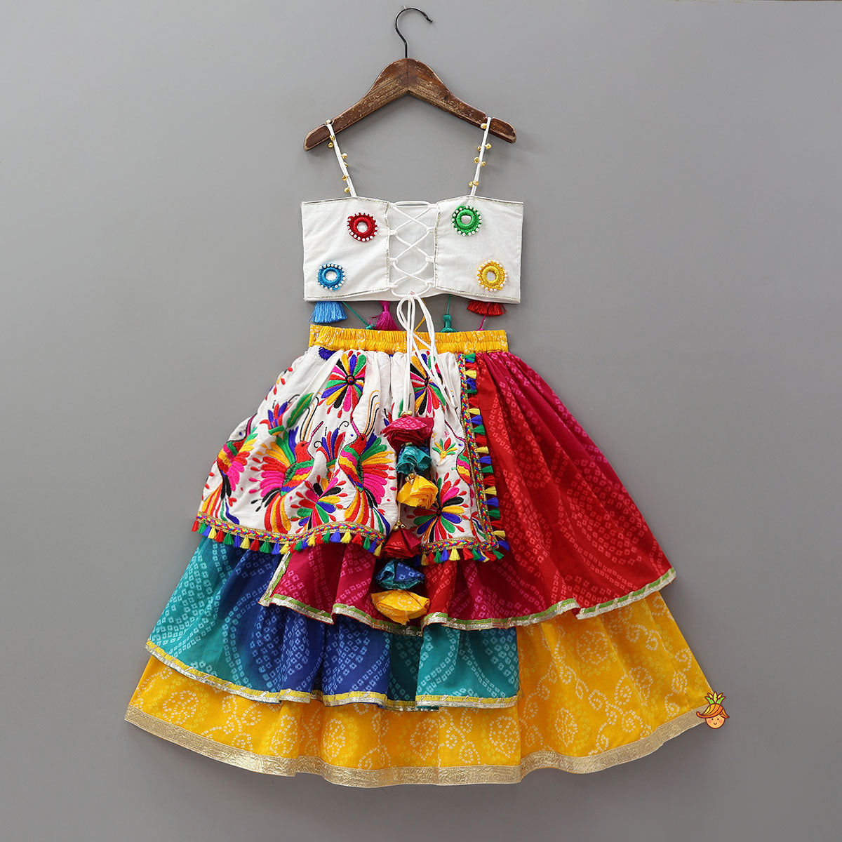 Faux Mirror Work Strappy Crop Top With Tiered Lehenga And Headscarf