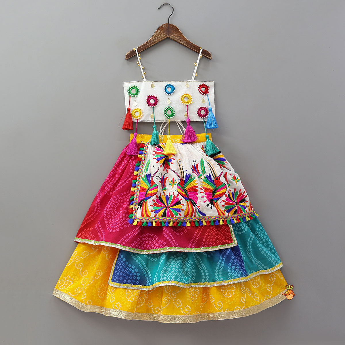 Faux Mirror Work Strappy Crop Top With Tiered Lehenga And Headscarf