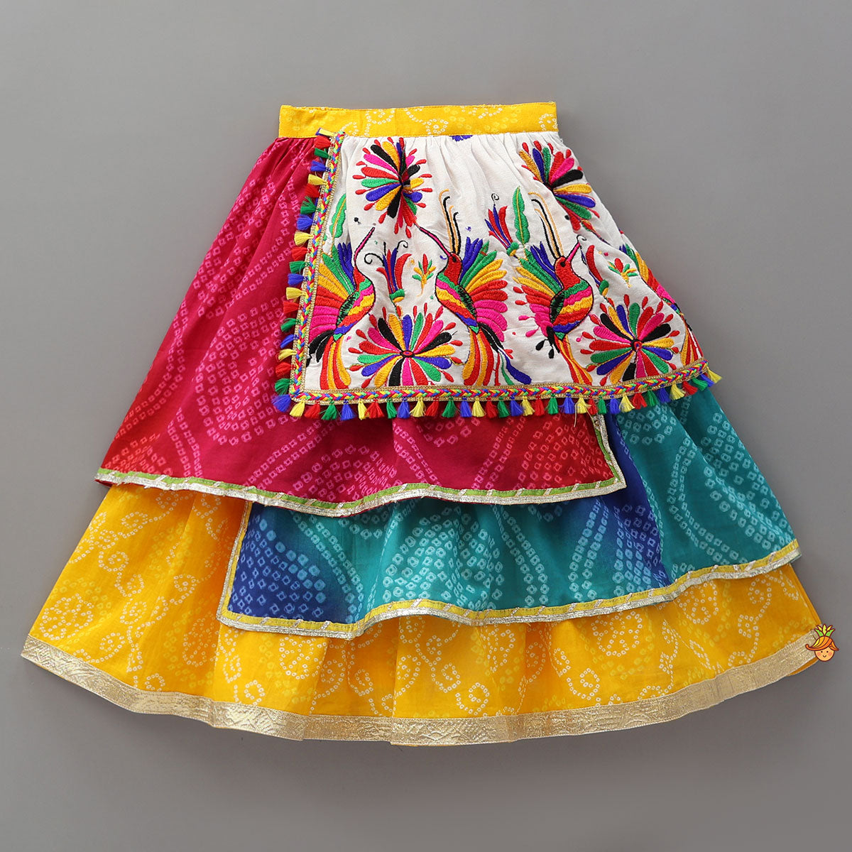 Faux Mirror Work Strappy Crop Top With Tiered Lehenga And Headscarf