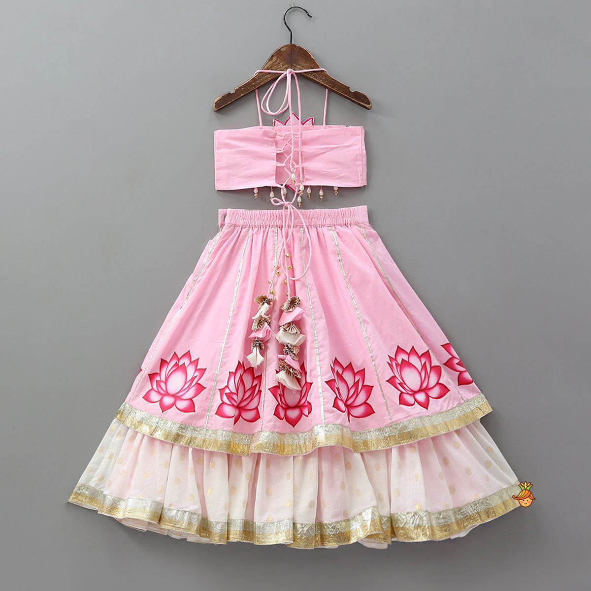 Lotus Motif Halter Top With Tiered Flared Lehenga And Dupatta