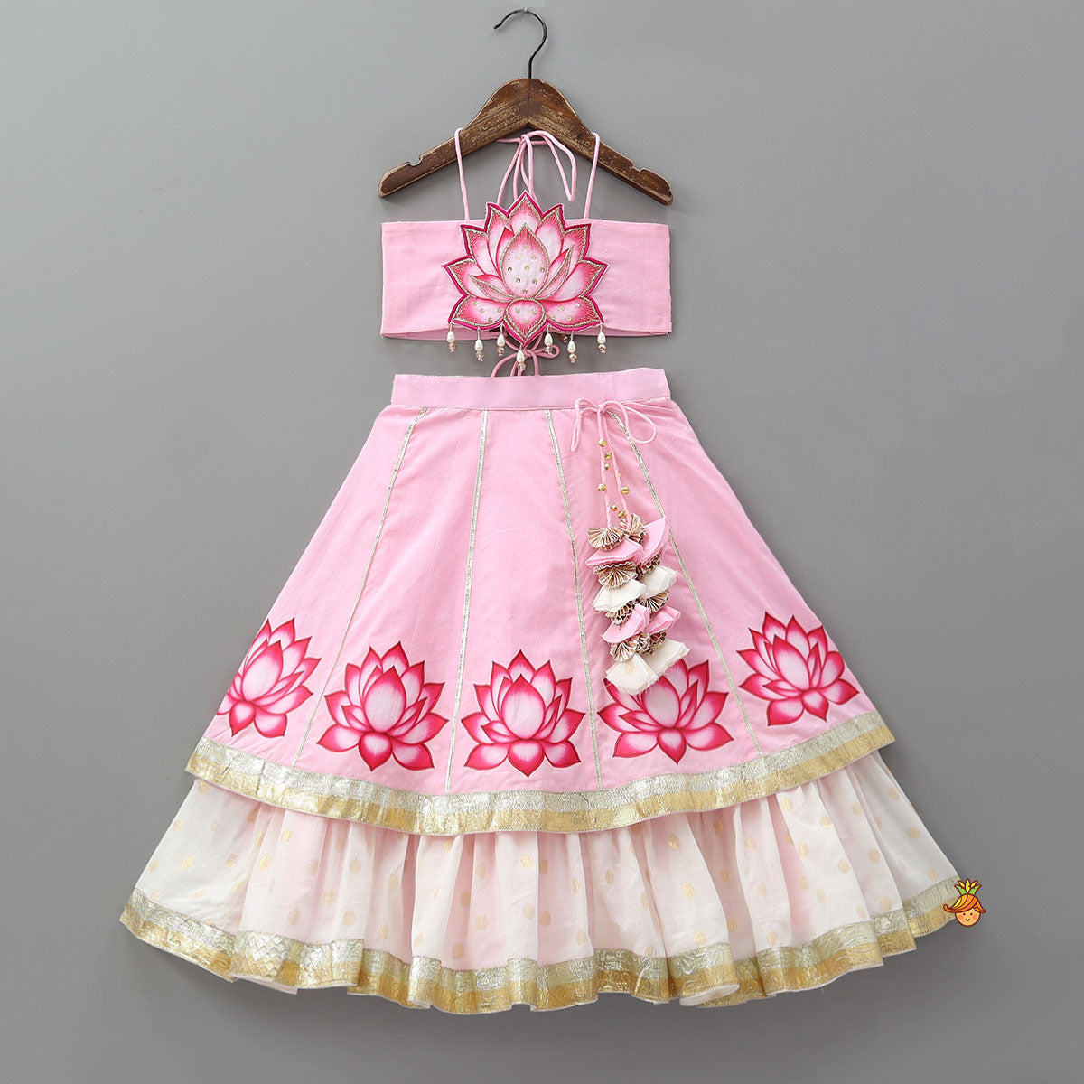 Lotus Motif Halter Top With Tiered Flared Lehenga And Dupatta
