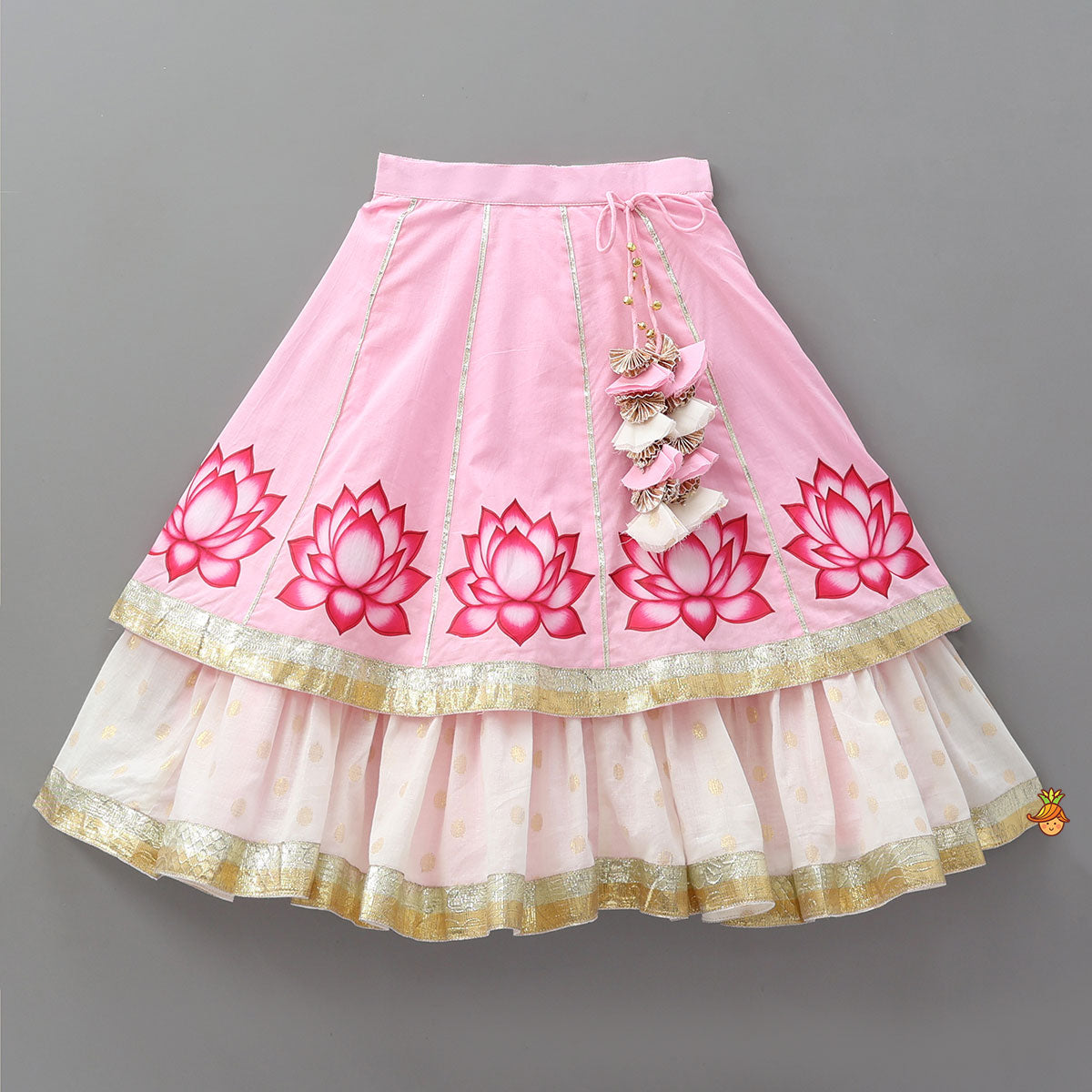 Lotus Motif Halter Top With Tiered Flared Lehenga And Dupatta