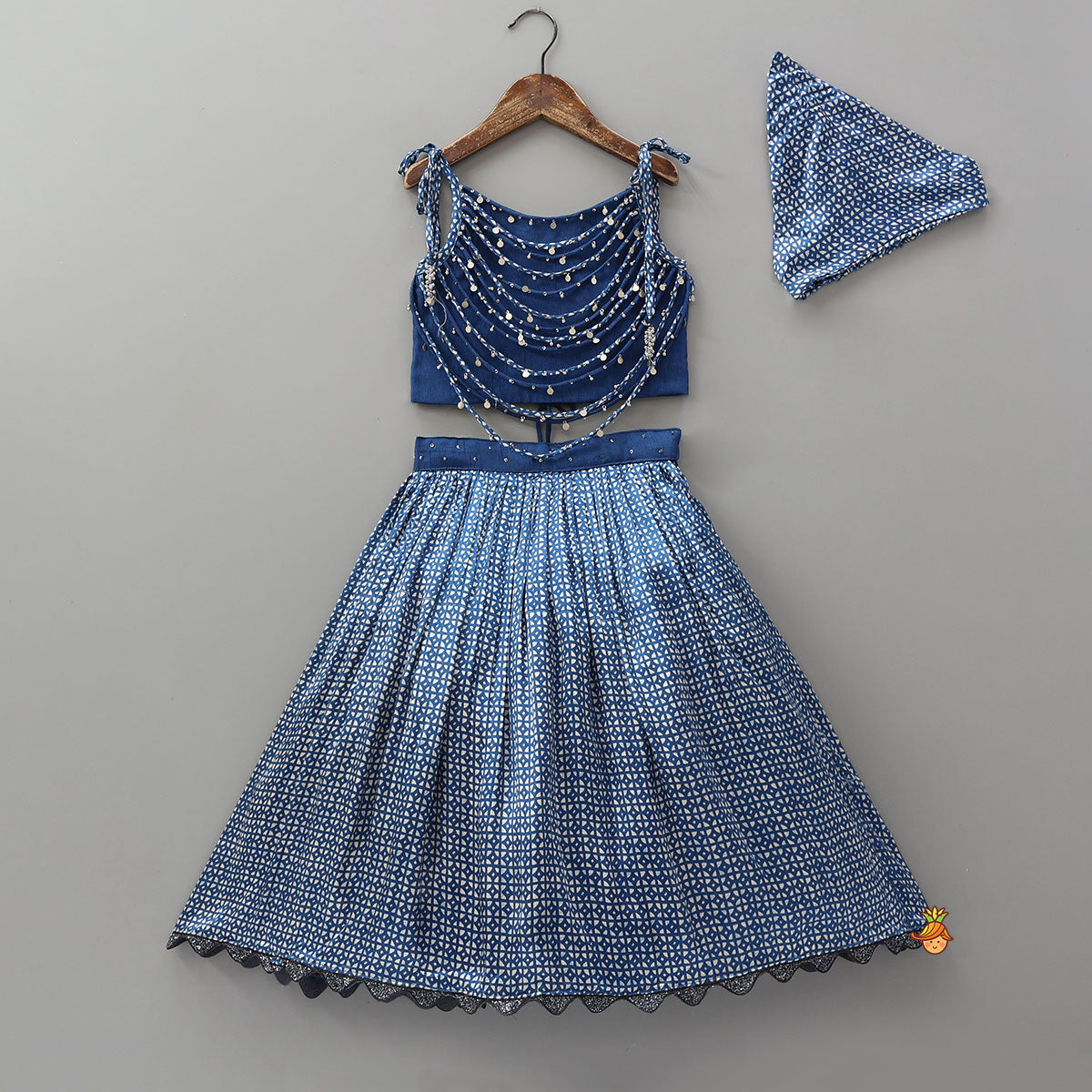 Layered Embellished Top With Printed Lehenga And Bandana