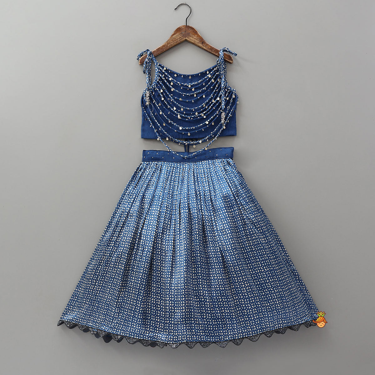 Layered Embellished Top With Printed Lehenga And Bandana