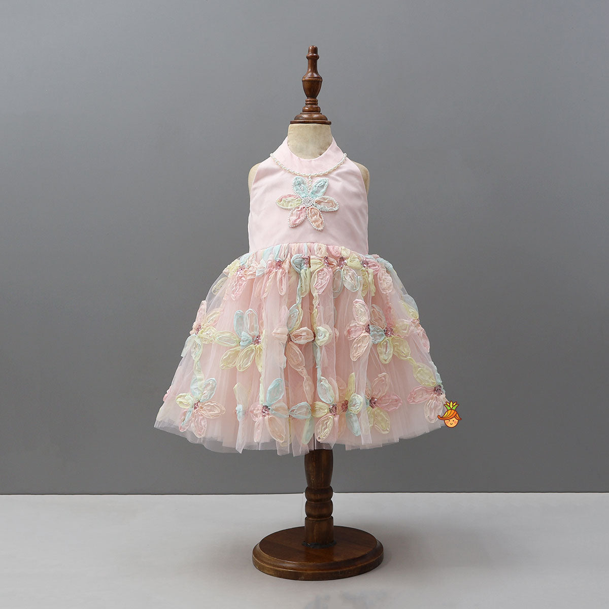 Elegant Halter Neck Dress With Fabric Flower Embellishments