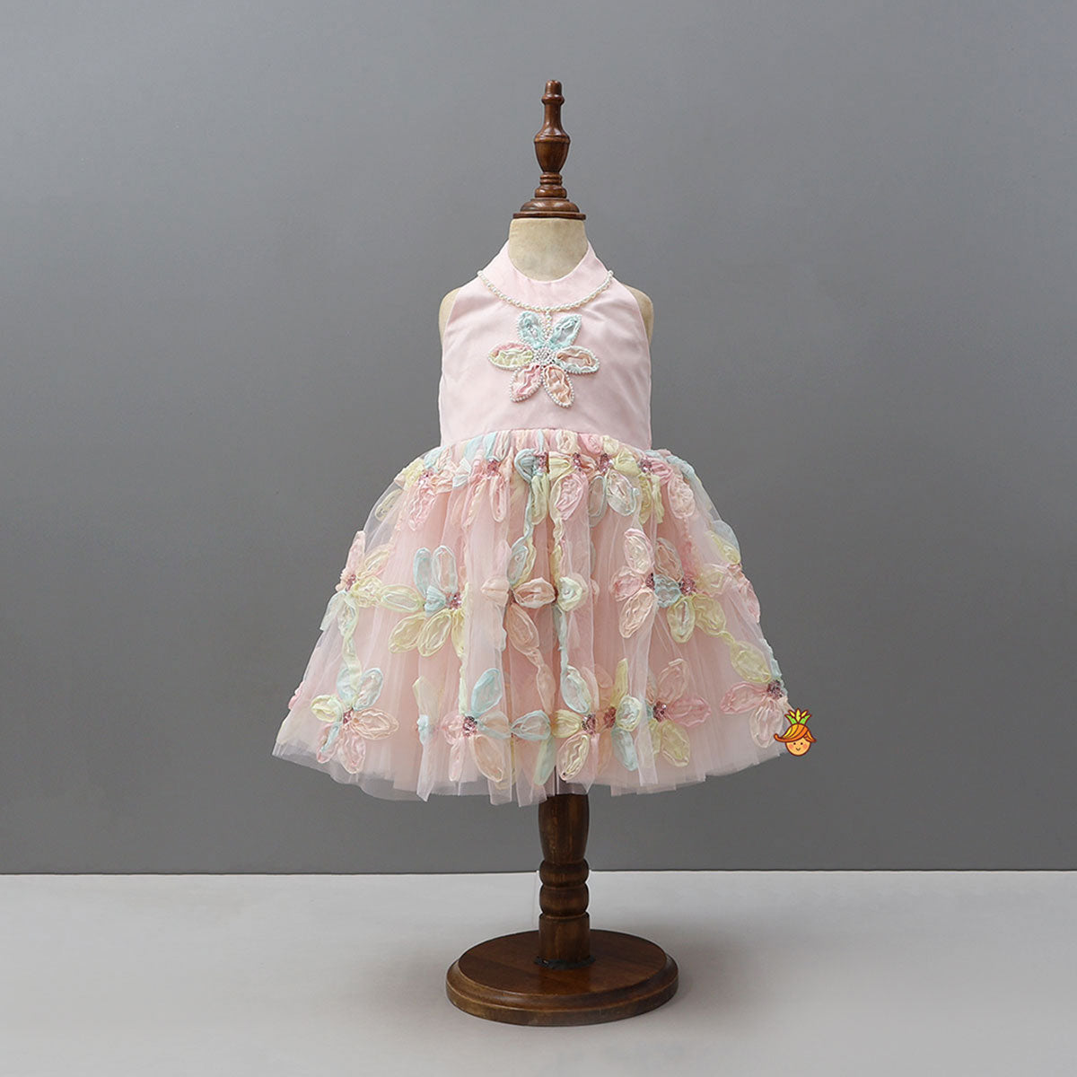 Elegant Halter Neck Dress With Fabric Flower Embellishments