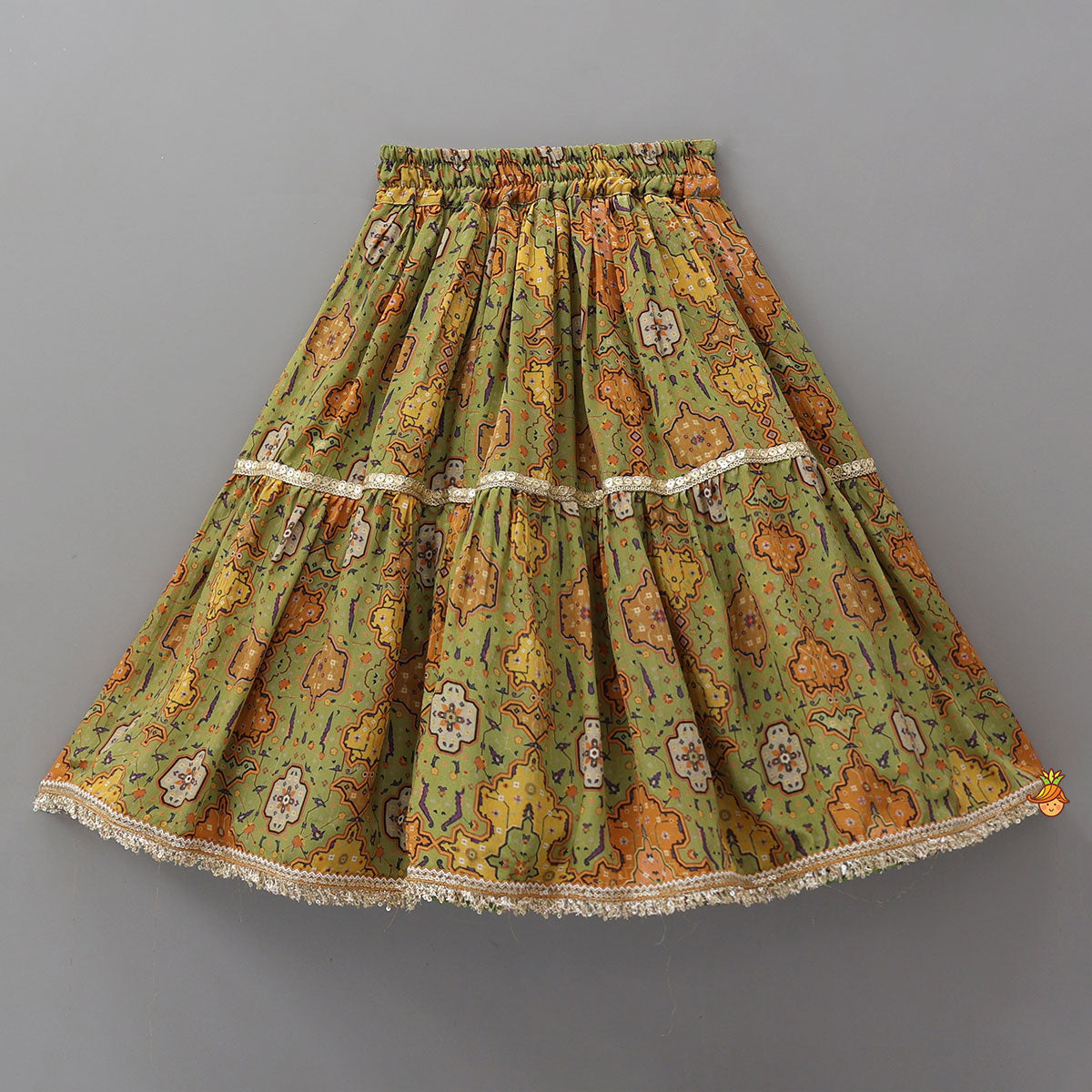 Lace Detailed Angarkha Top With Printed Lehenga