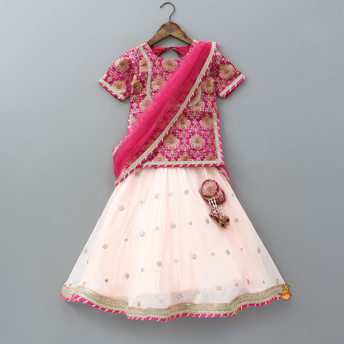 Side-Slit Brocade Top And Lehenga With Attached Dupatta