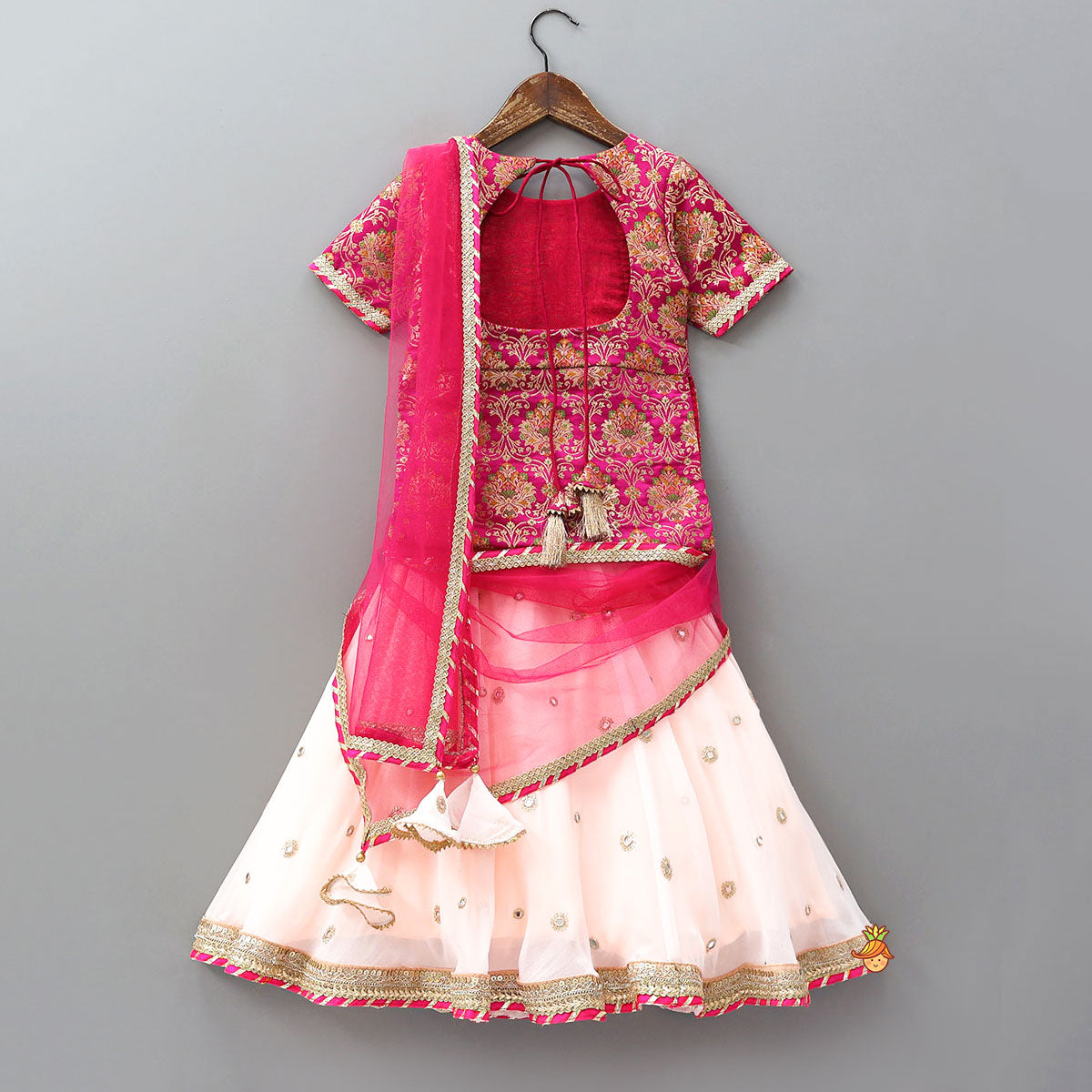 Side-Slit Brocade Top And Lehenga With Attached Dupatta