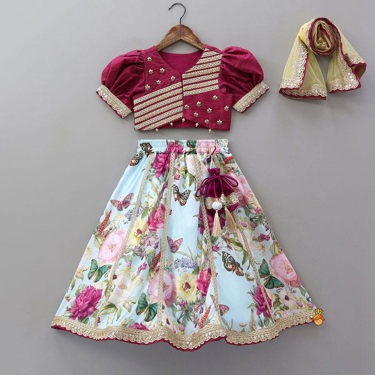 Lace Work Puff Sleeves Crop Top And Floral Printed Lehenga With Dupatta