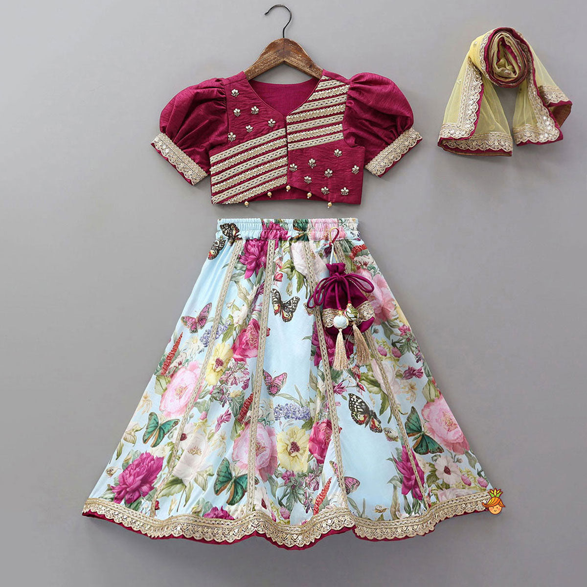 Lace Work Puff Sleeves Crop Top And Floral Printed Lehenga With Dupatta