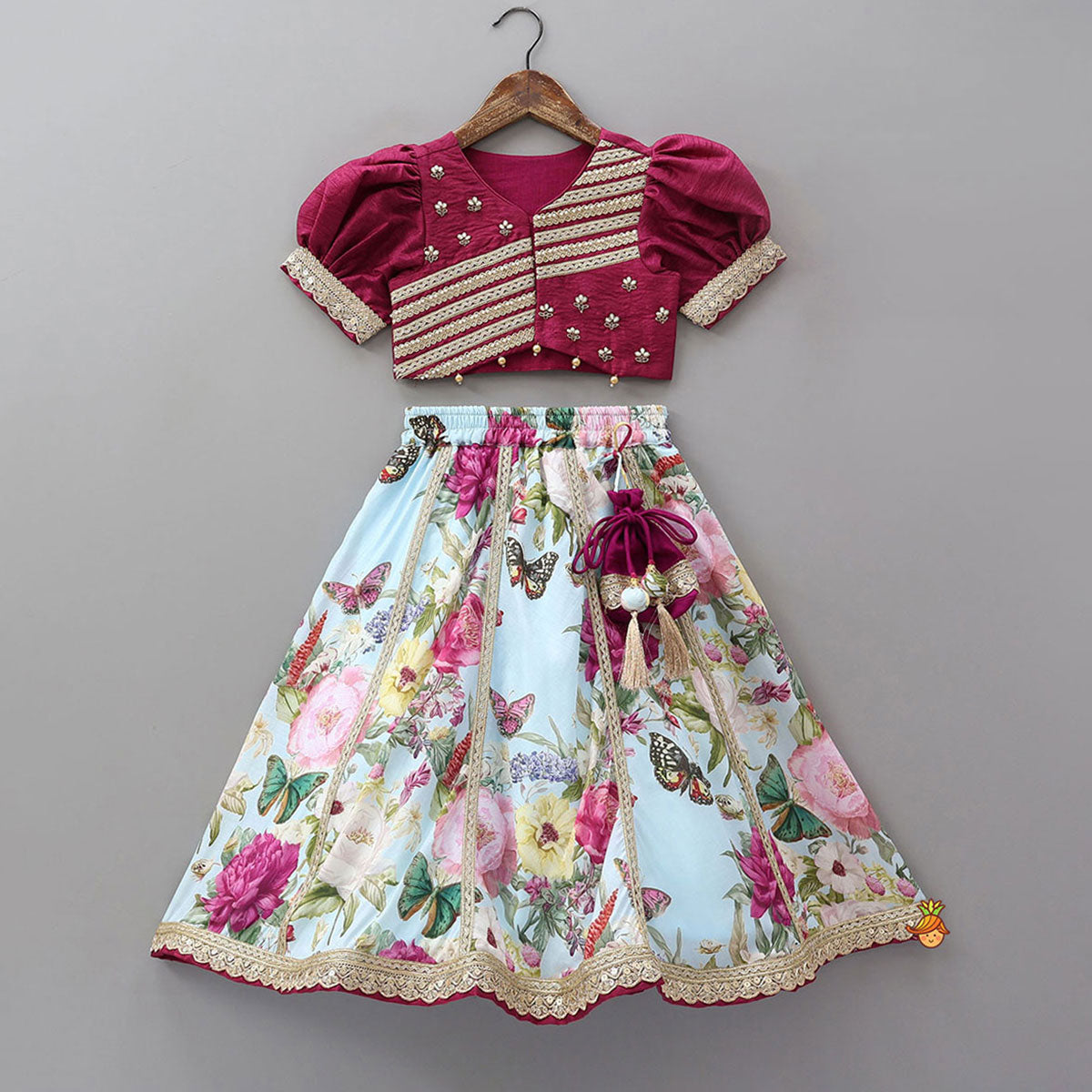 Lace Work Puff Sleeves Crop Top And Floral Printed Lehenga With Dupatta