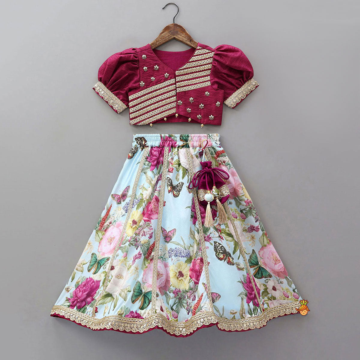 Lace Work Puff Sleeves Crop Top And Floral Printed Lehenga With Dupatta