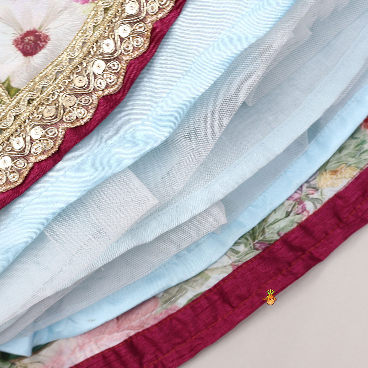 Lace Work Puff Sleeves Crop Top And Floral Printed Lehenga With Dupatta