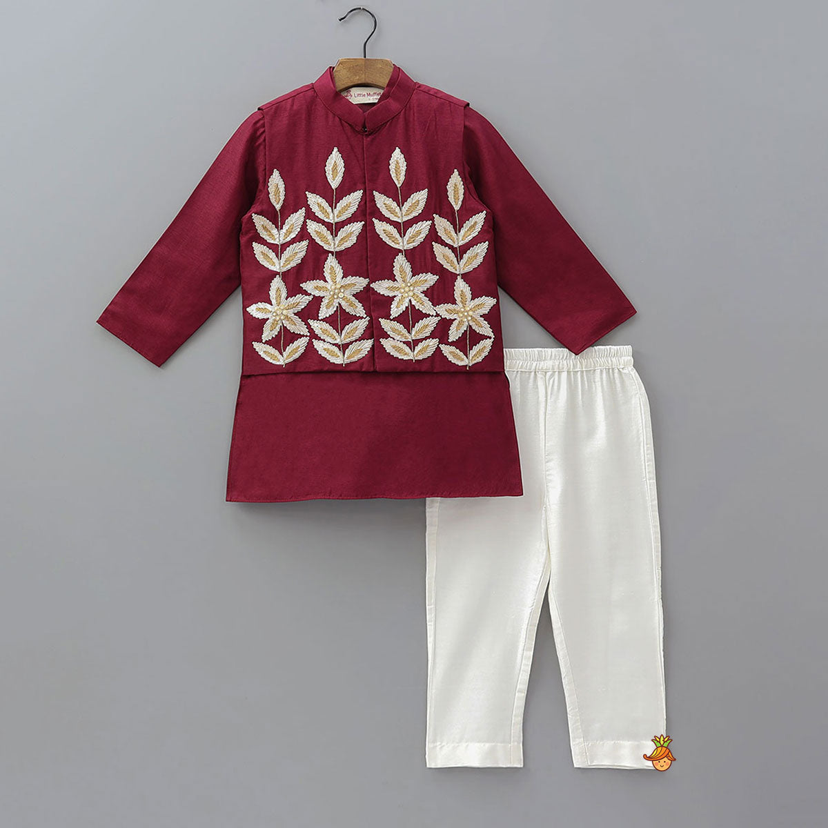 Ethnic Kurta With Gota Leaf Work Jacket And Pyjama