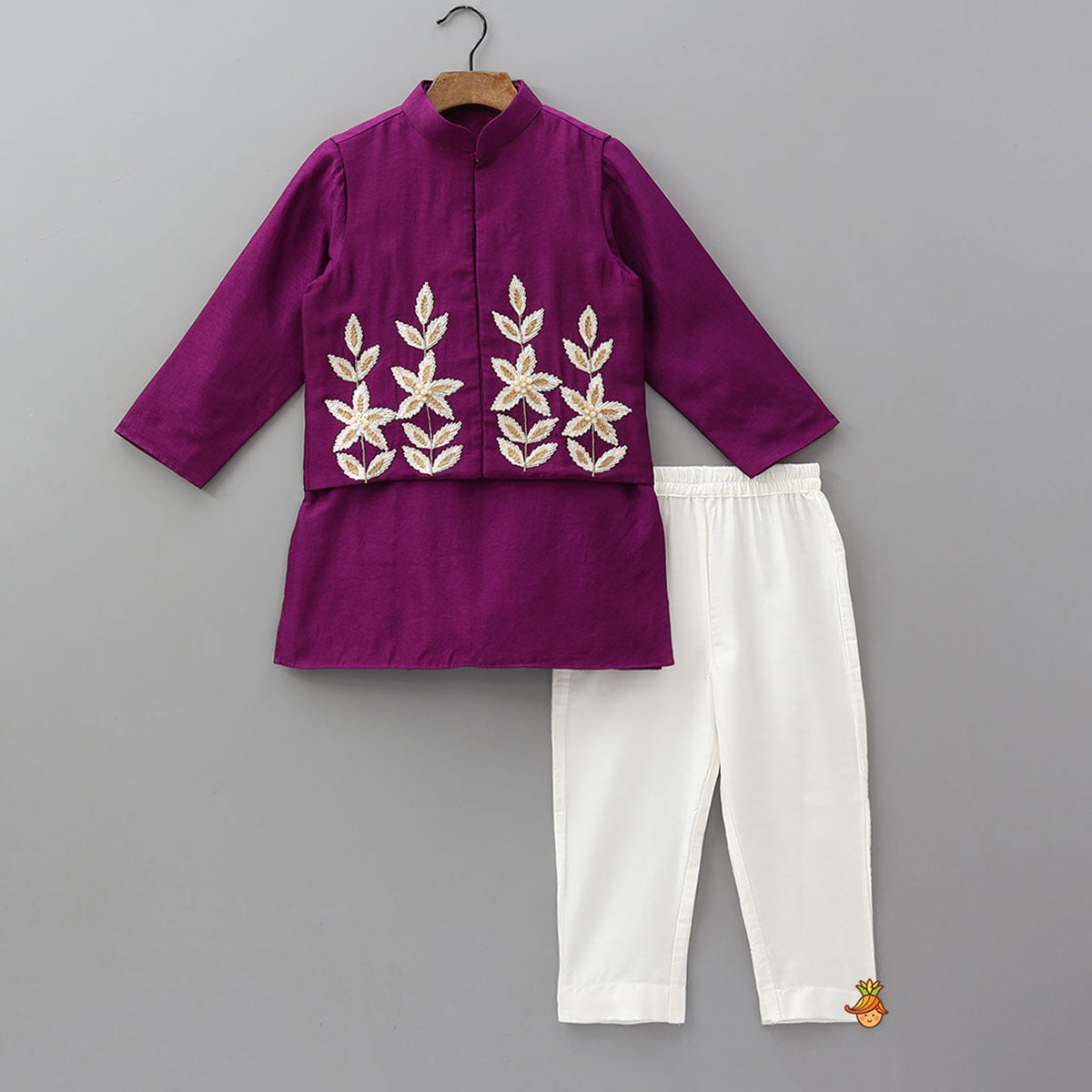 Front Placket Kurta With Gota Leaf Work Jacket And Pyjama
