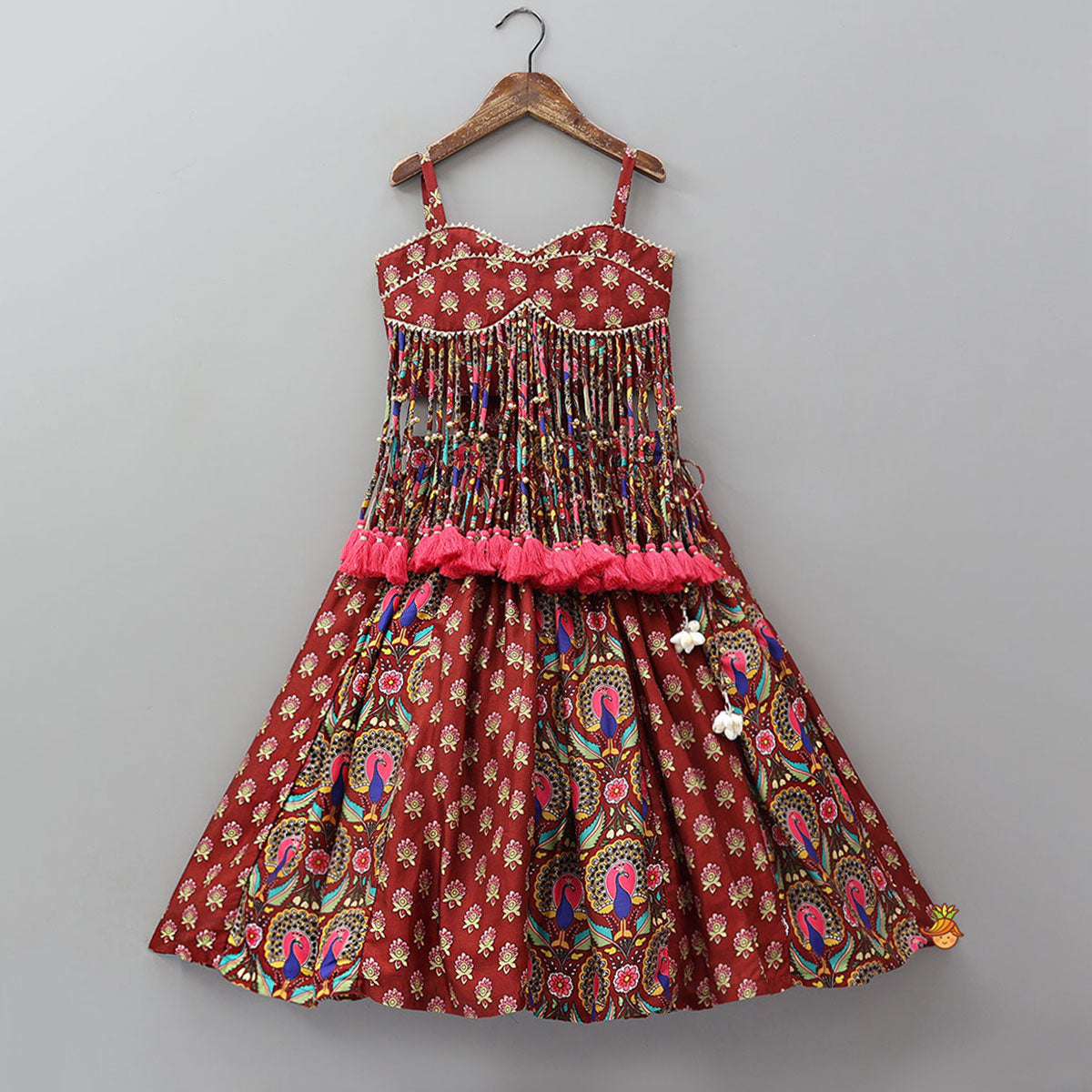 Stunning Multiple Hanging Tassels Detailed Strappy Crop Top And Lehenga