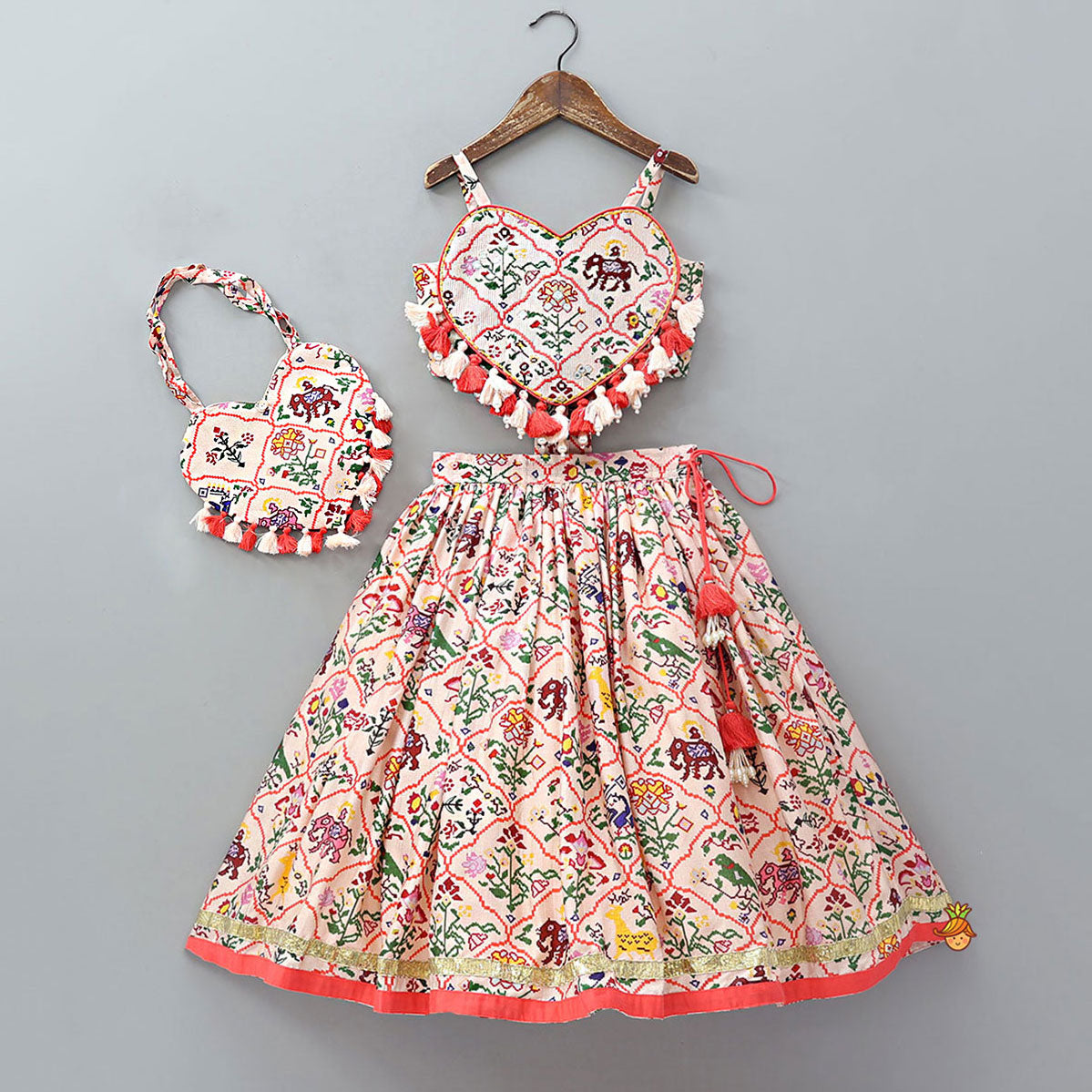 Heart Shaped Stylish Crop Top And Lehenga With Matching Bag