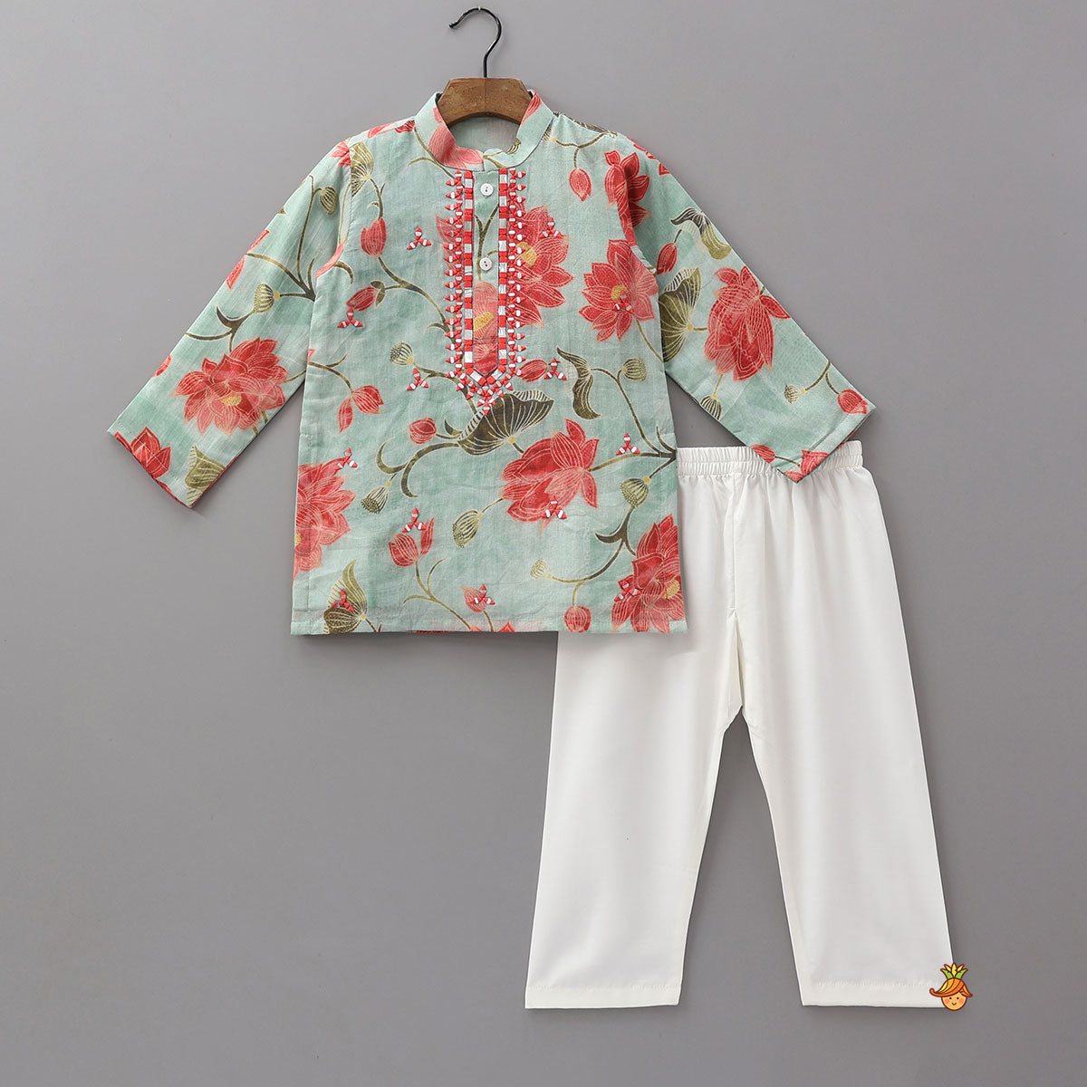Faux Mirror Embroidered Mulmul Kurta And Pyjama