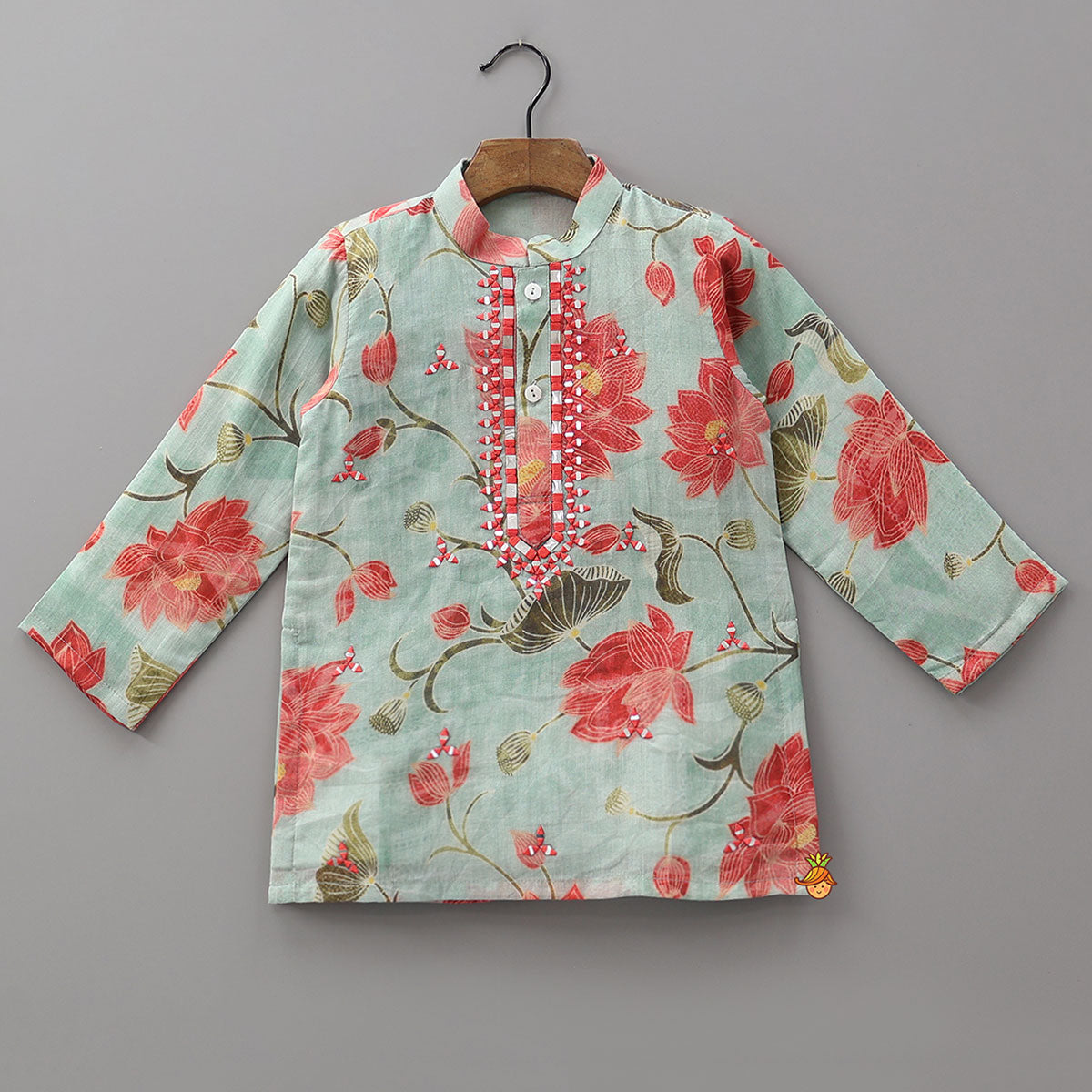 Faux Mirror Embroidered Mulmul Kurta And Pyjama