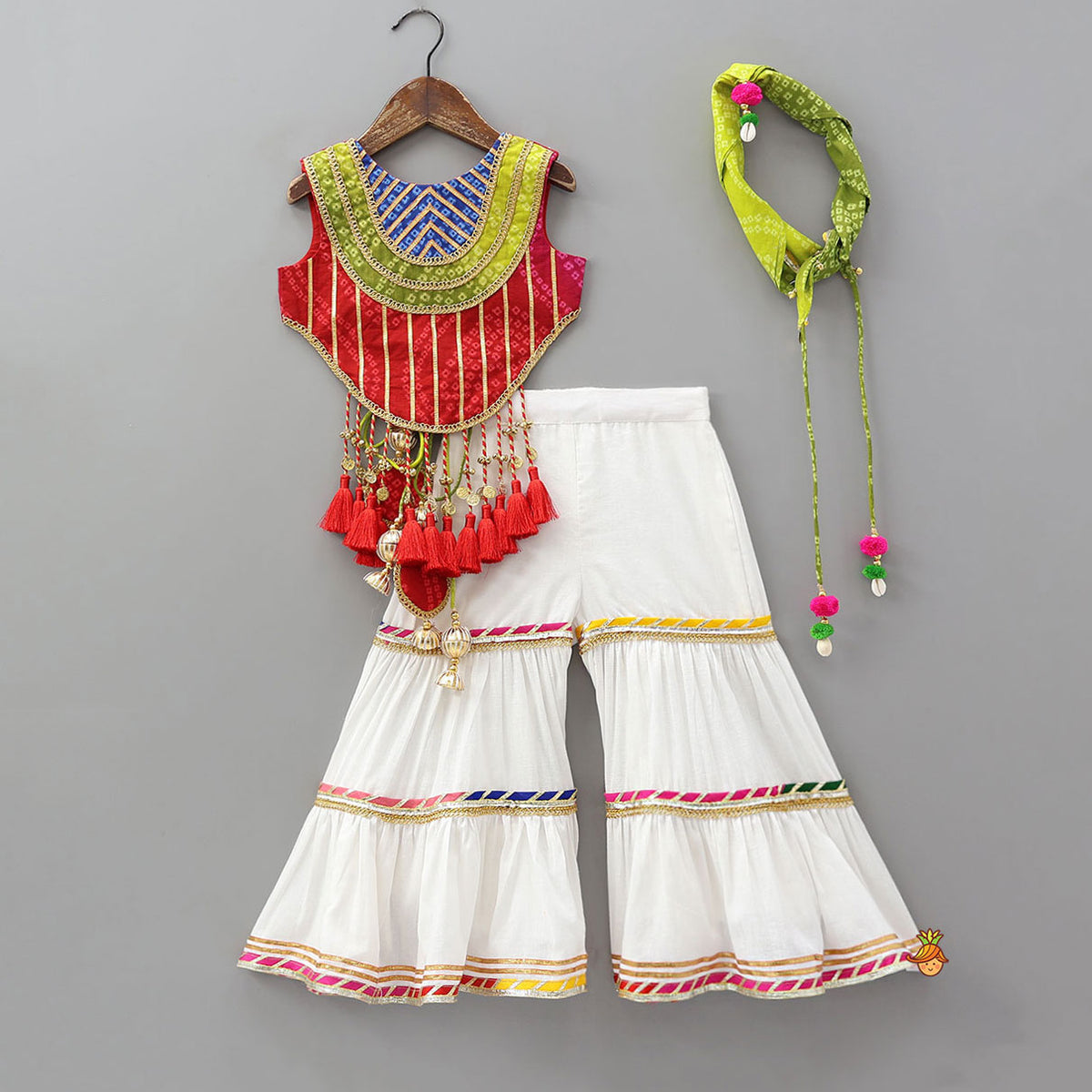 Tassels Adorned Criss Cross Bandhani Top And Tiered Sharara With Bandana