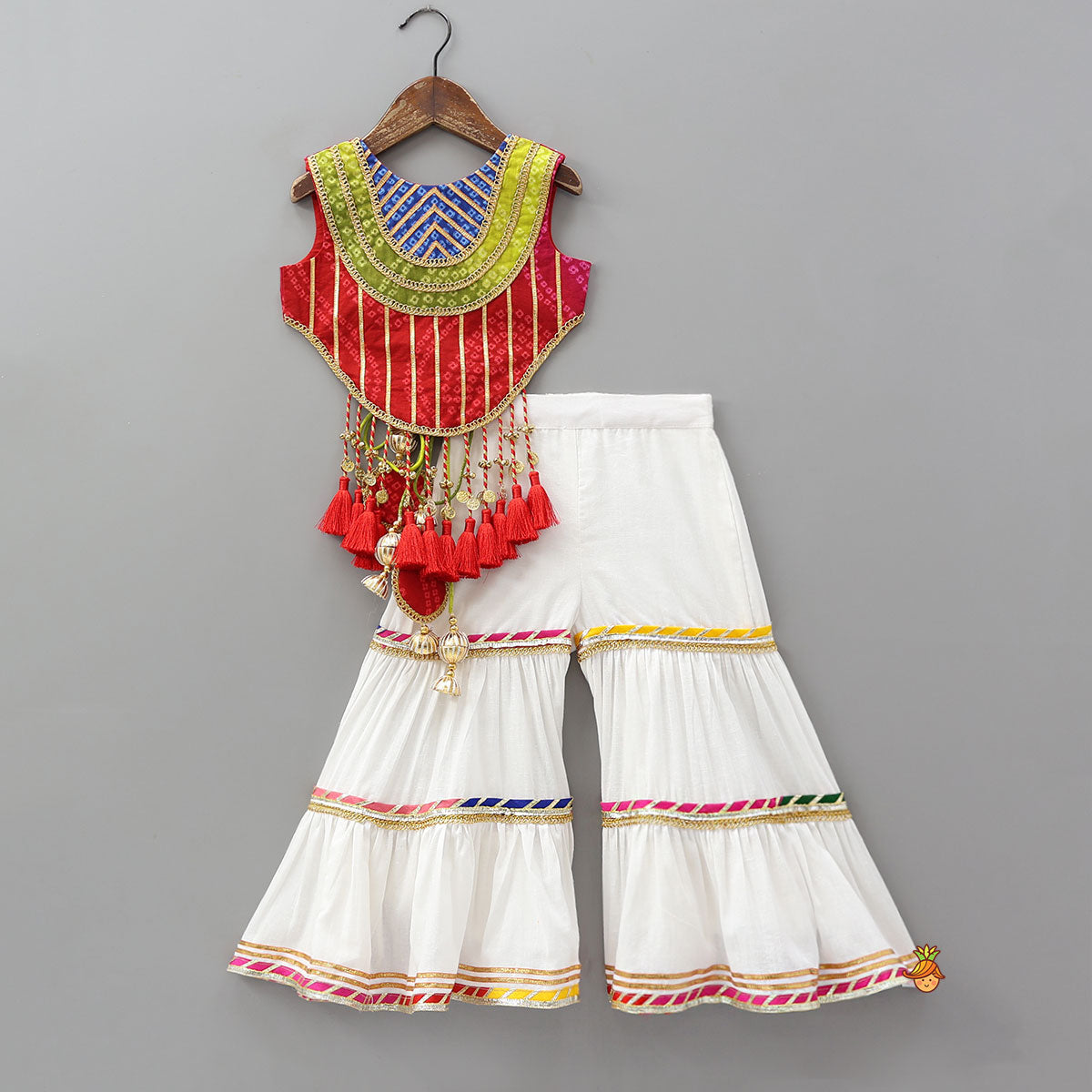 Curved Hem Bandhani Printed Top And Tiered Sharara With Bandhana