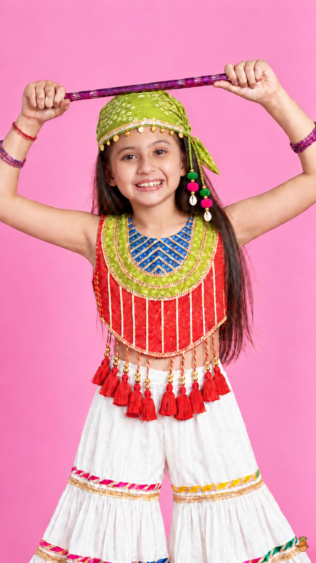 Tassels Adorned Criss Cross Bandhani Top And Tiered Sharara With Bandana