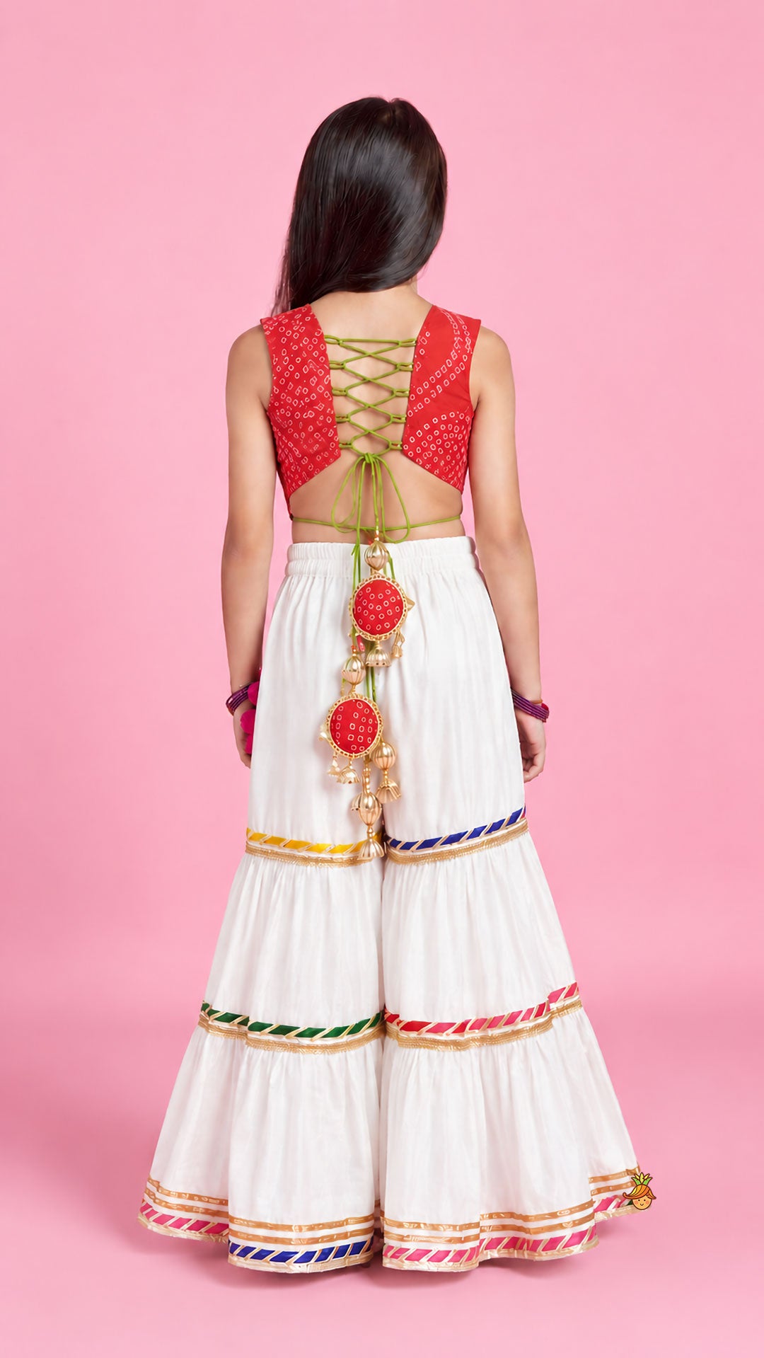 Tassels Adorned Criss Cross Bandhani Top And Tiered Sharara With Bandana