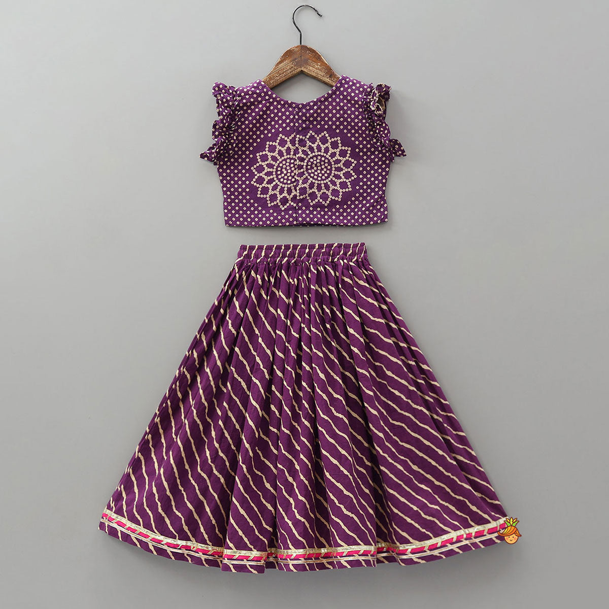 Bandhani Printed Frill Detail Crop Top And Lehenga With Dupatta