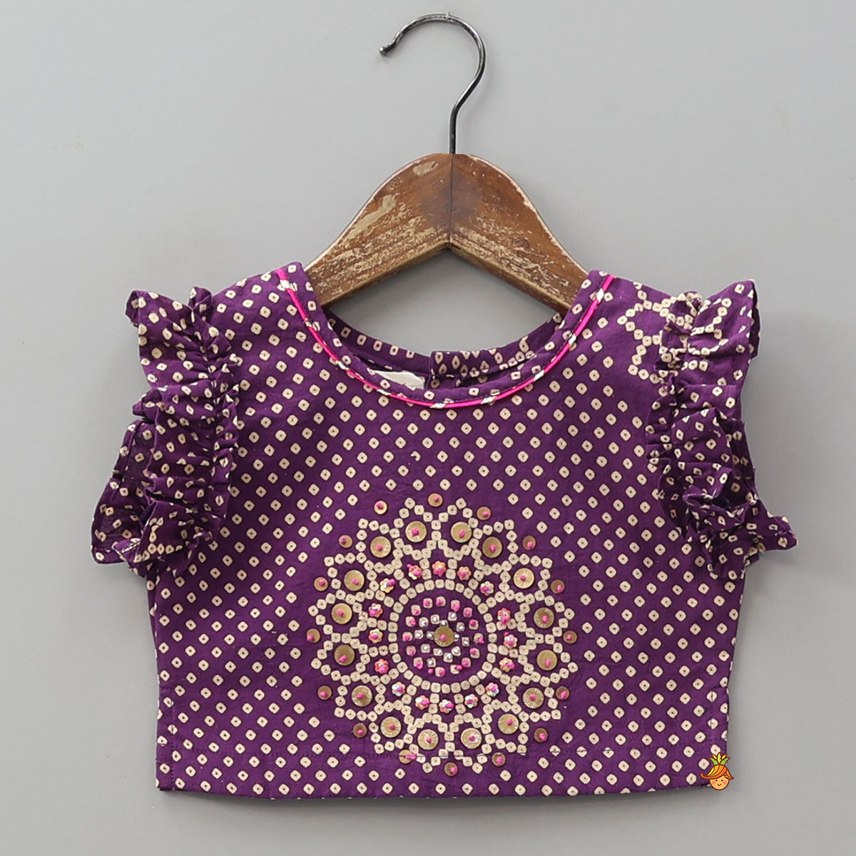Bandhani Printed Frill Detail Crop Top And Lehenga With Dupatta